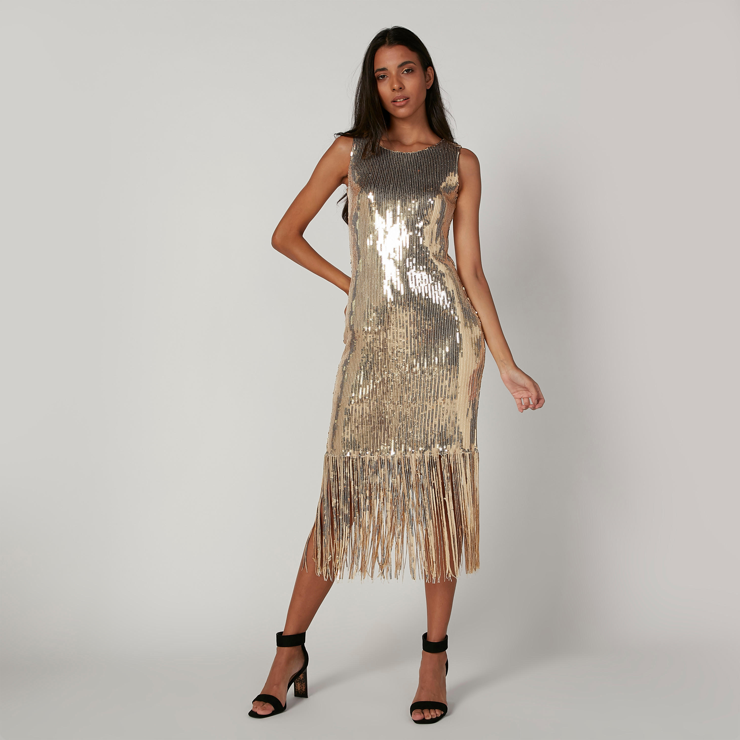 فستان ميدي مزيّن دون أكمام بياقة مستديرة وشراشيب-women-clothing-dresses-image-1