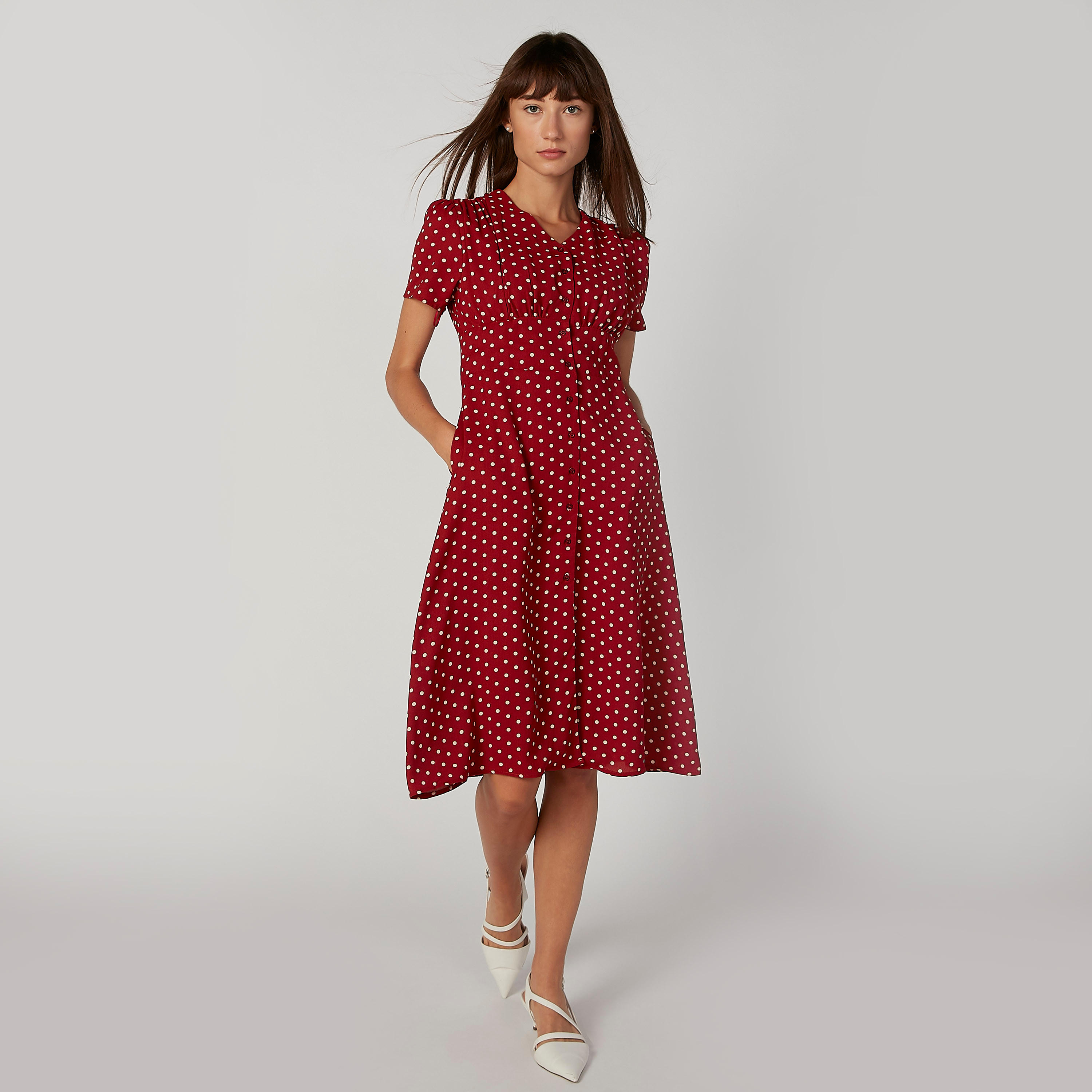 فستان ميدي إيه لاين بياقة V وأكمام قصيرة وطبعات منقطّة-women-clothing-dresses-image-1
