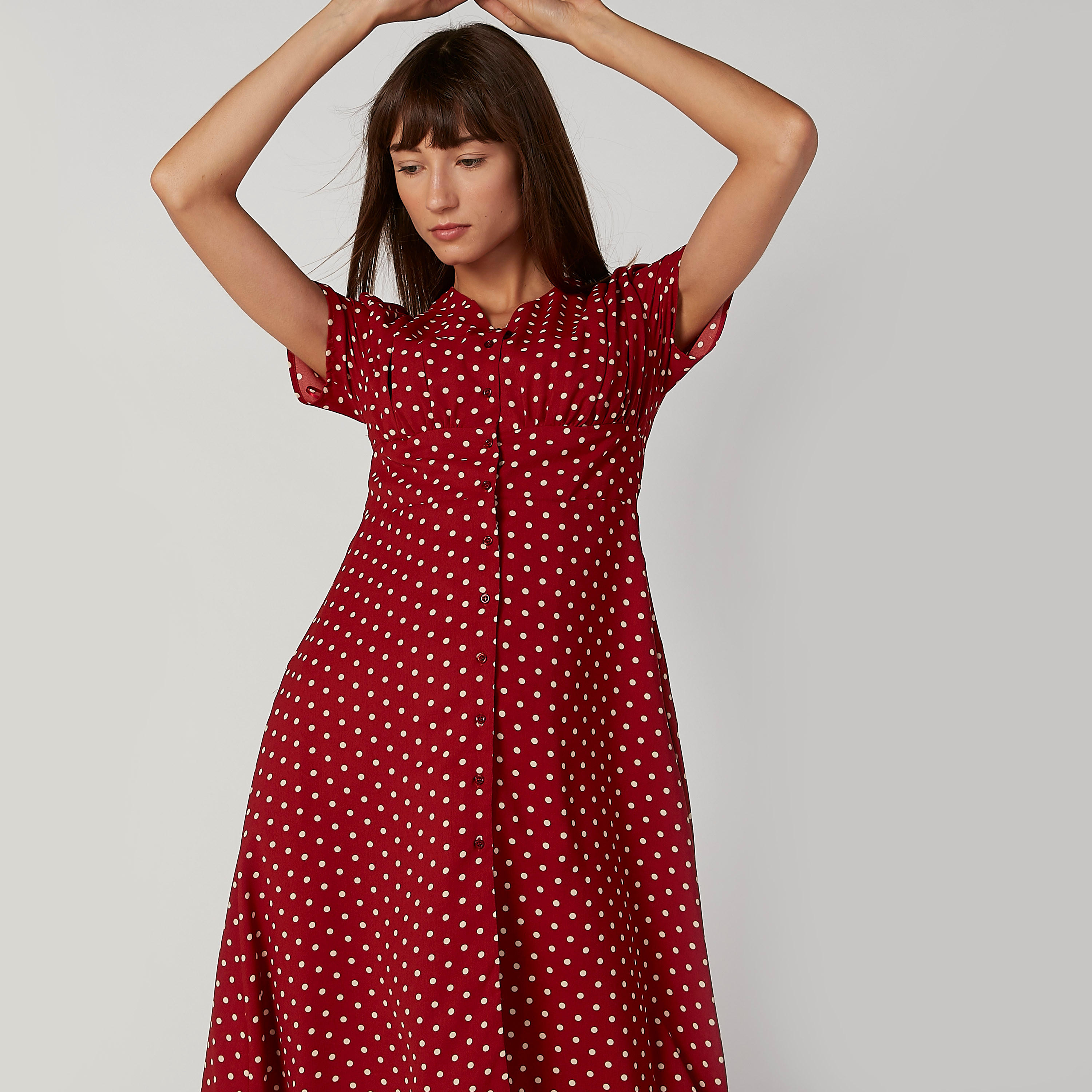 فستان ميدي إيه لاين بياقة V وأكمام قصيرة وطبعات منقطّة-women-clothing-dresses-image-5