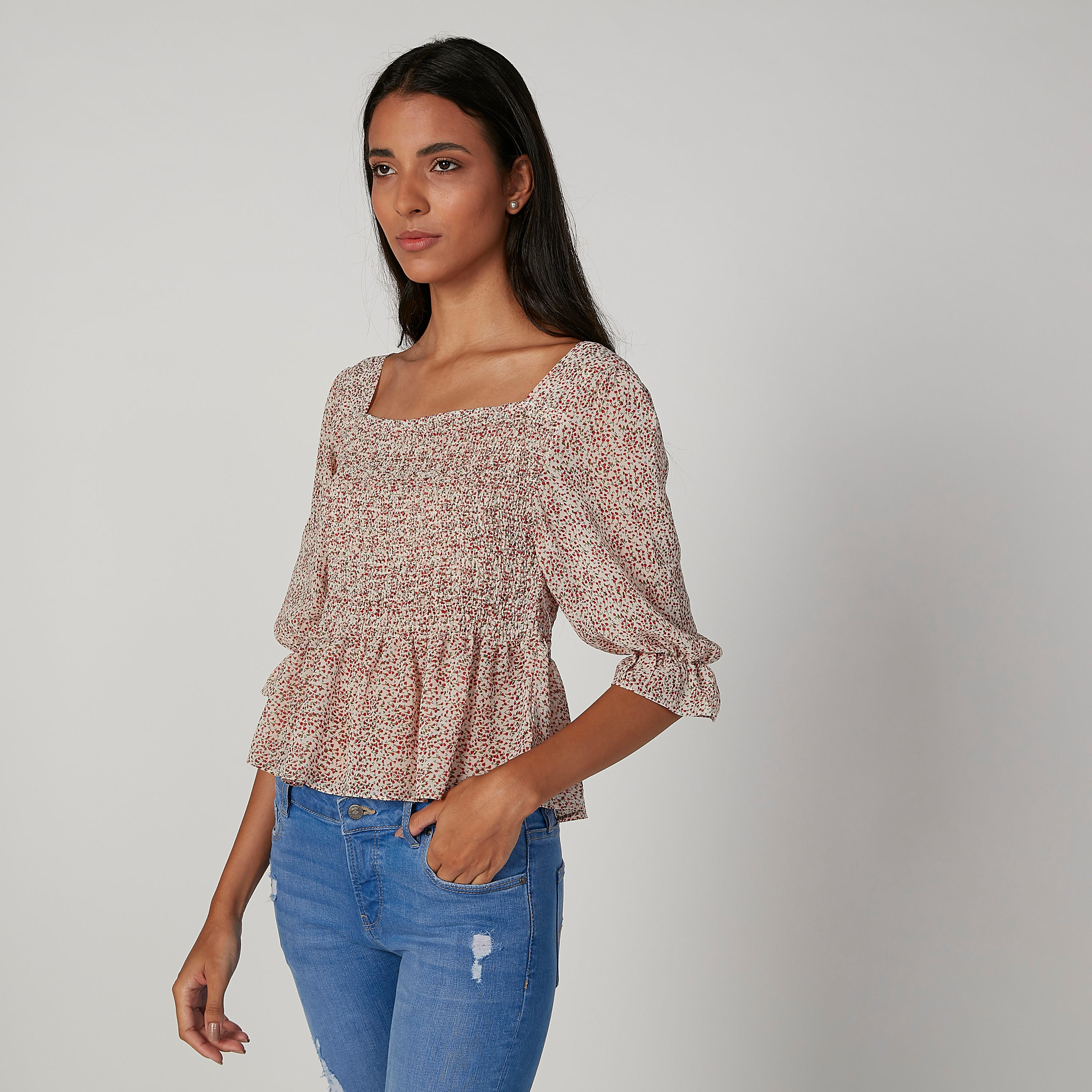 بلوزة قصيرة سكيني بياقة مربّعة وأكمام 3/4 وطبعات-women-clothing-shirtsandblouses-blouses-image-1