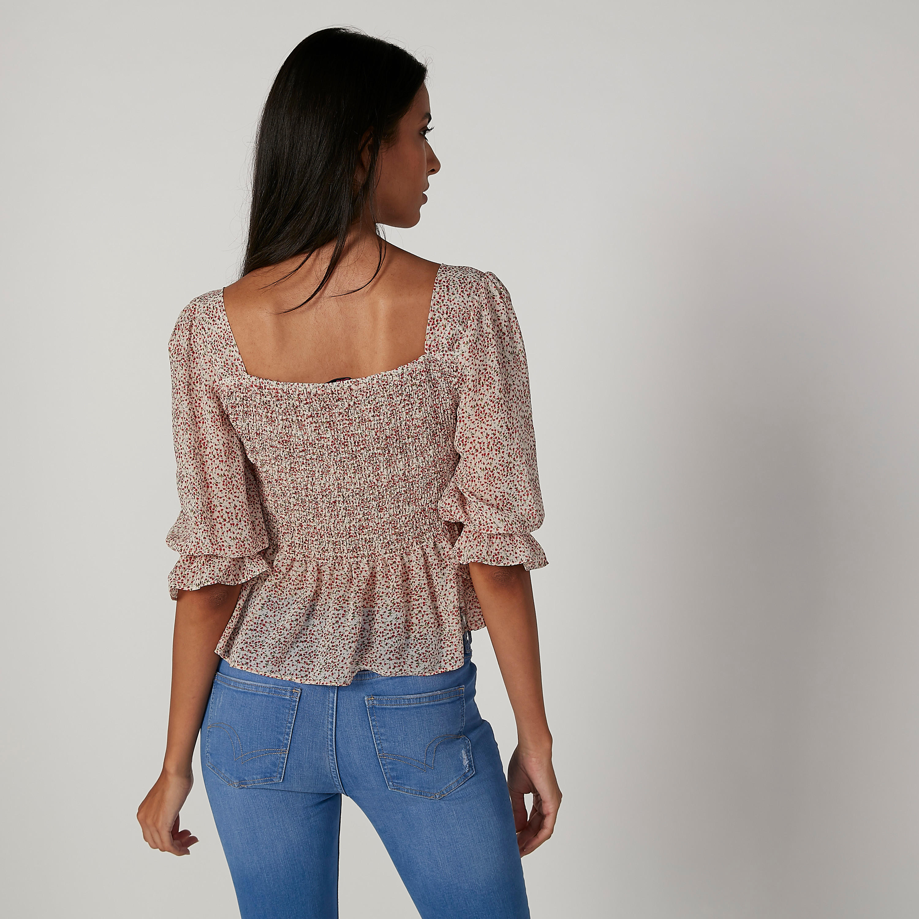 بلوزة قصيرة سكيني بياقة مربّعة وأكمام 3/4 وطبعات-women-clothing-shirtsandblouses-blouses-image-2