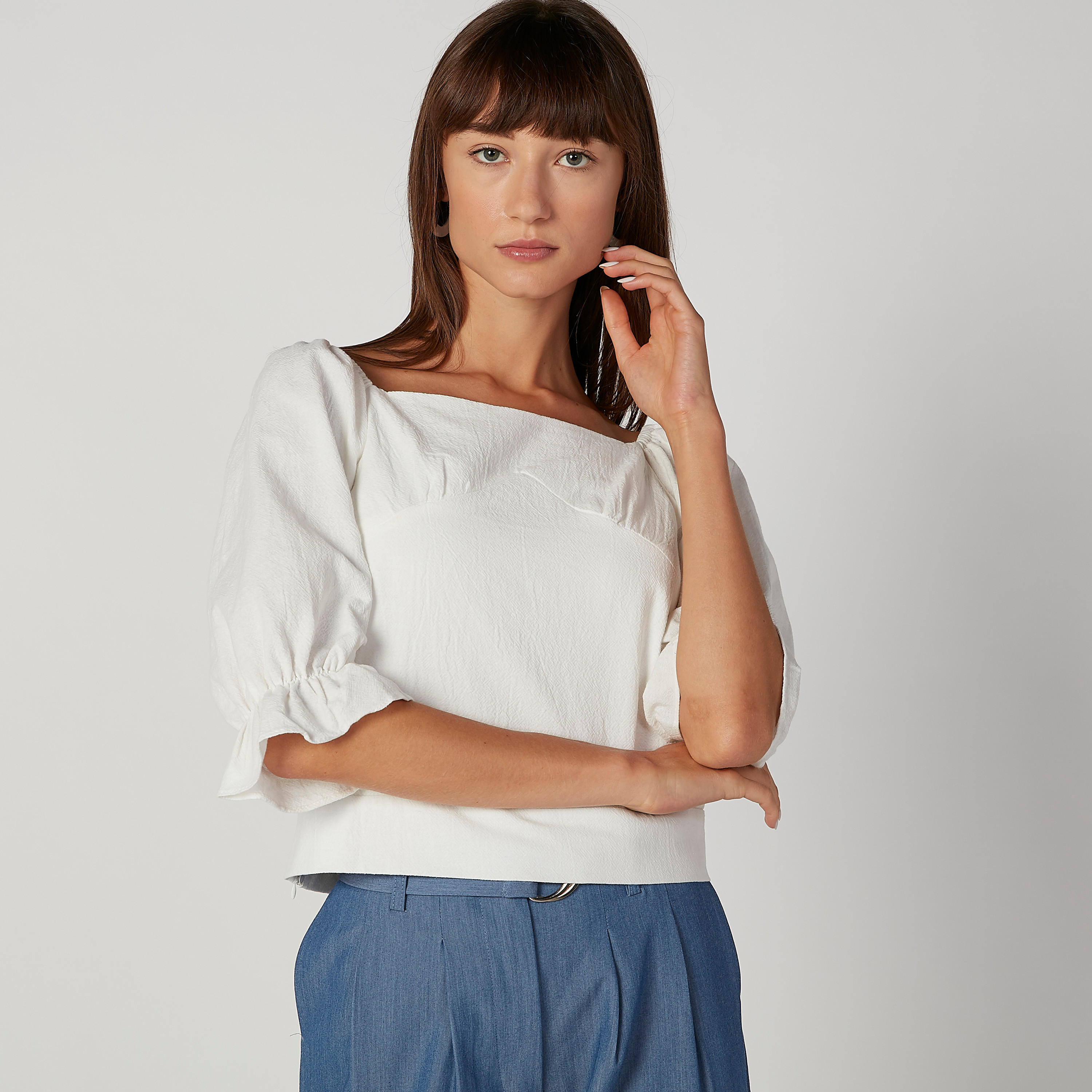بلوزة سليم سادة بياقة قارب وأكمام 3/4-women-clothing-shirtsandblouses-blouses-image-4