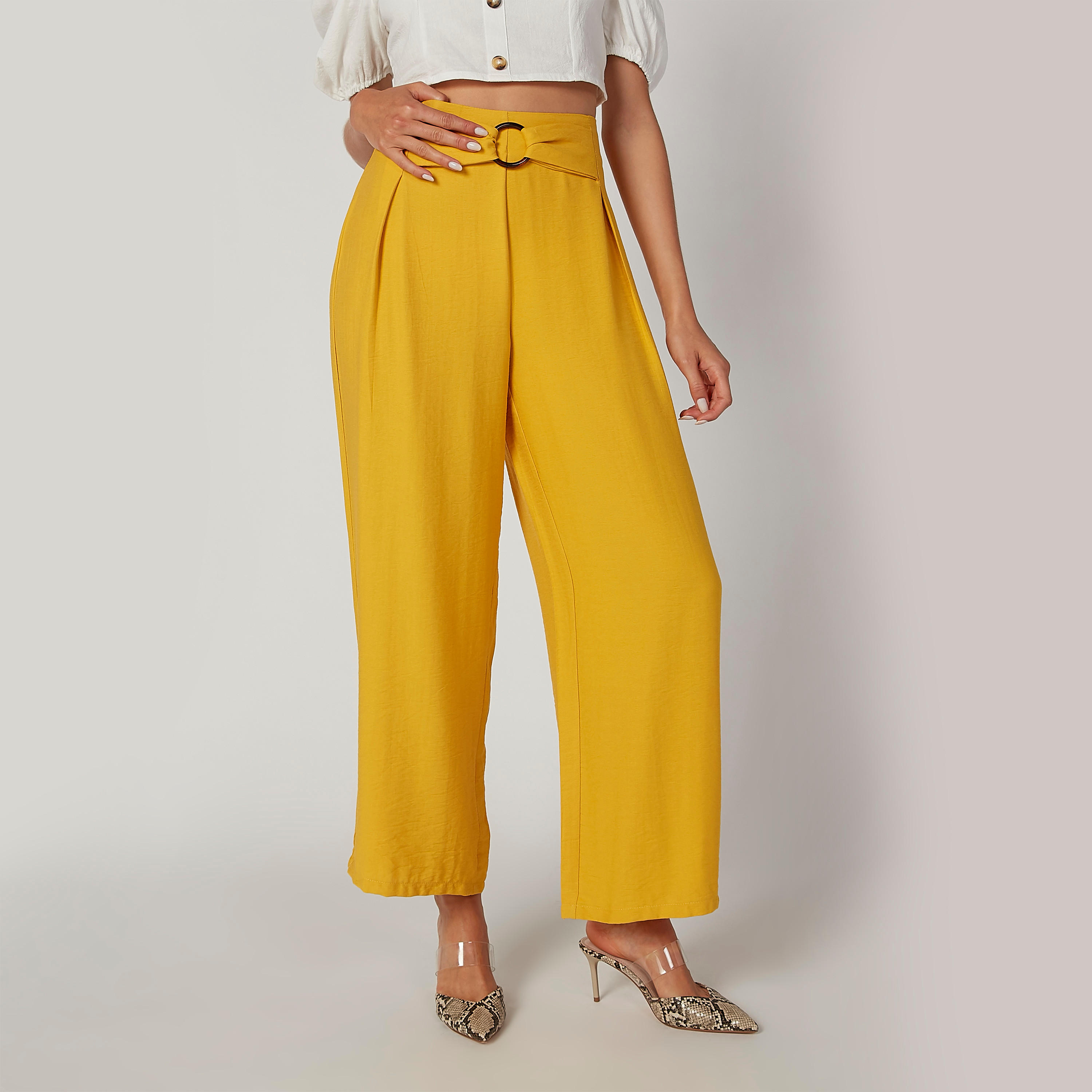 بنطلون بالازو سادة بخصر متوسط الارتفاع وحلية ميتاليك-women-clothing-bottoms-trousers-image-5
