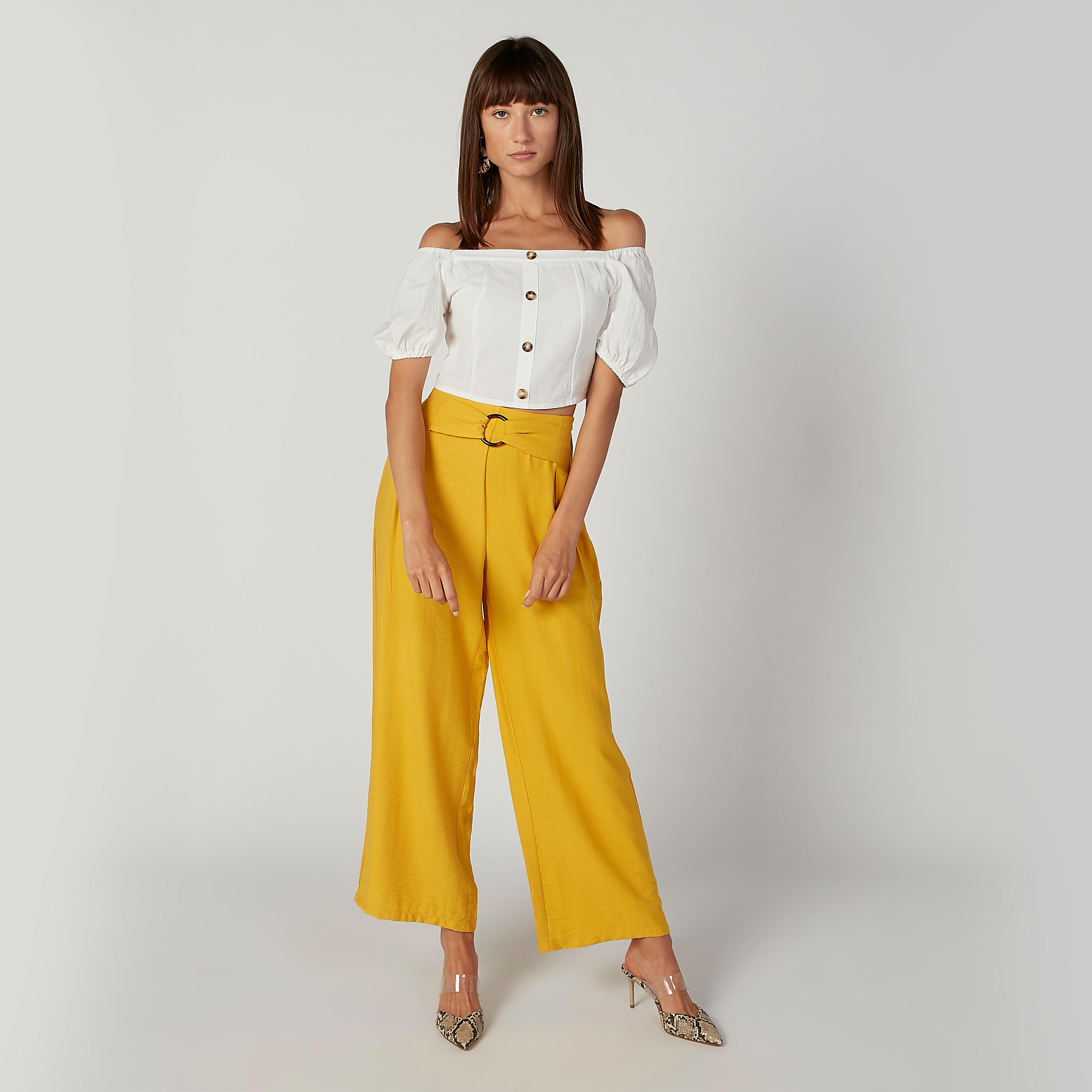 بنطلون بالازو سادة بخصر متوسط الارتفاع وحلية ميتاليك-women-clothing-bottoms-trousers-image-4