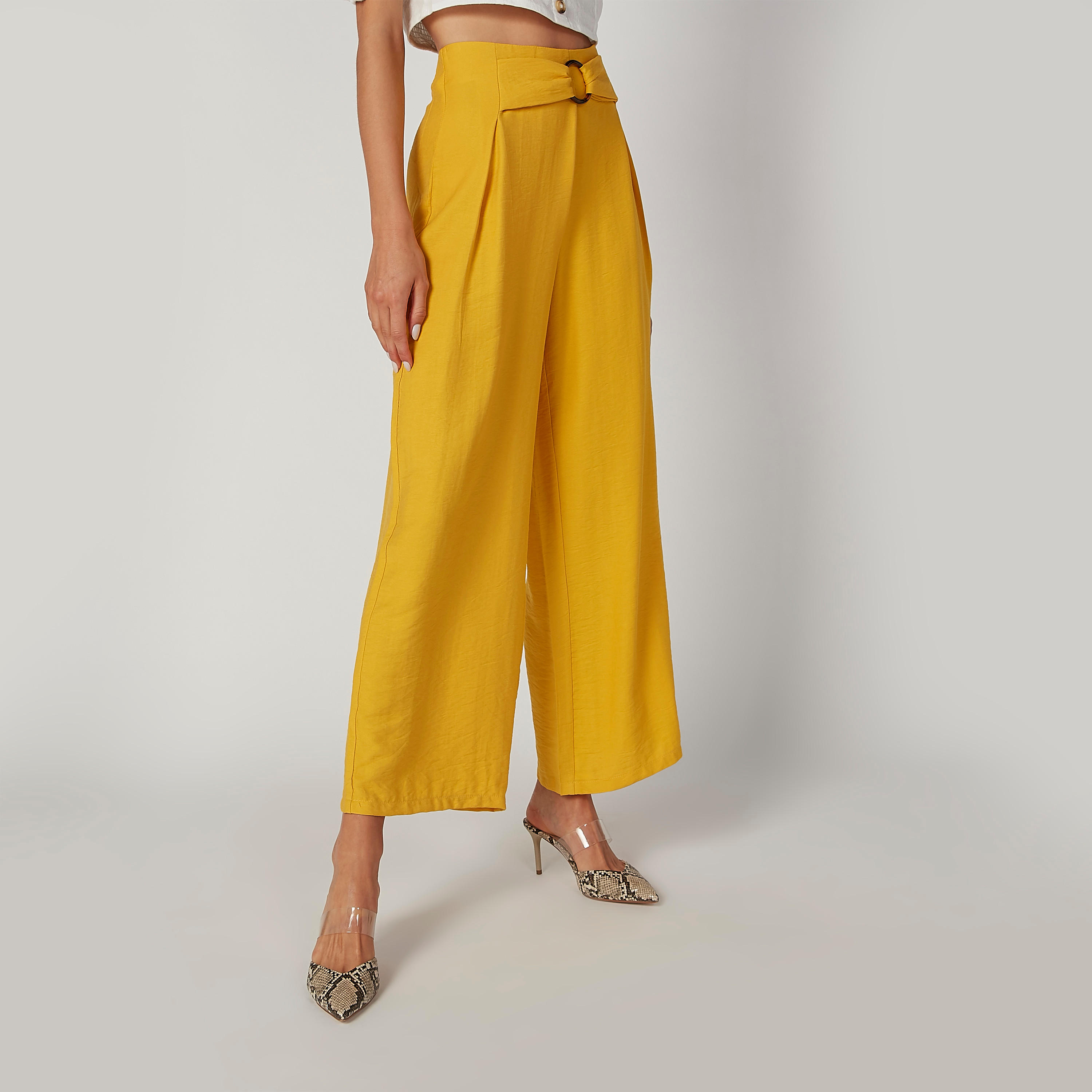 بنطلون بالازو سادة بخصر متوسط الارتفاع وحلية ميتاليك-women-clothing-bottoms-trousers-image-2