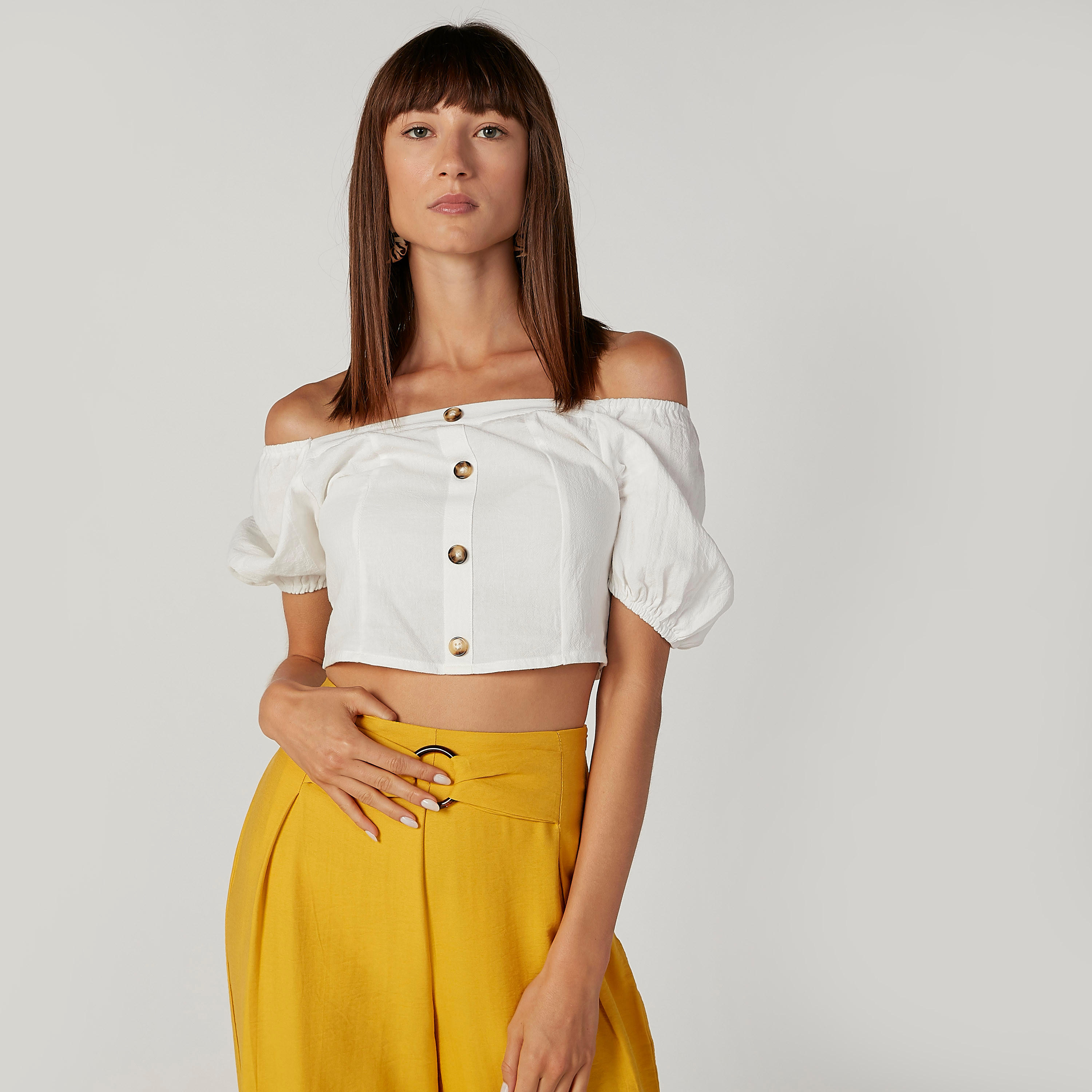 Slim Fit Plain Crop Top with Bardot Neck and Short Sleeves-women-clothing-shirtsandblouses-blouses-image-1