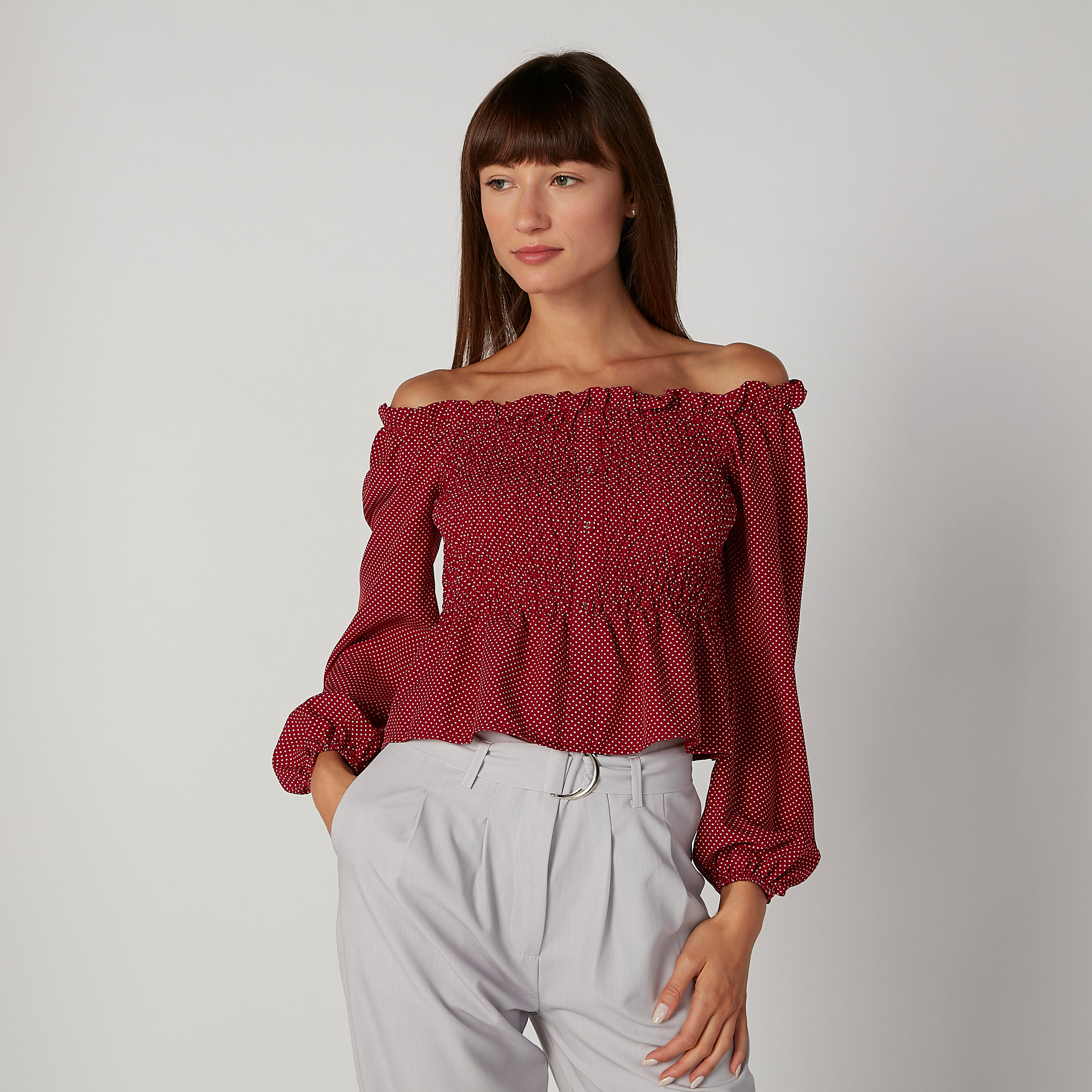بلوزة سليم بياقة طوق وأكمام بيشوب وطبعات-women-clothing-shirtsandblouses-blouses-image-1