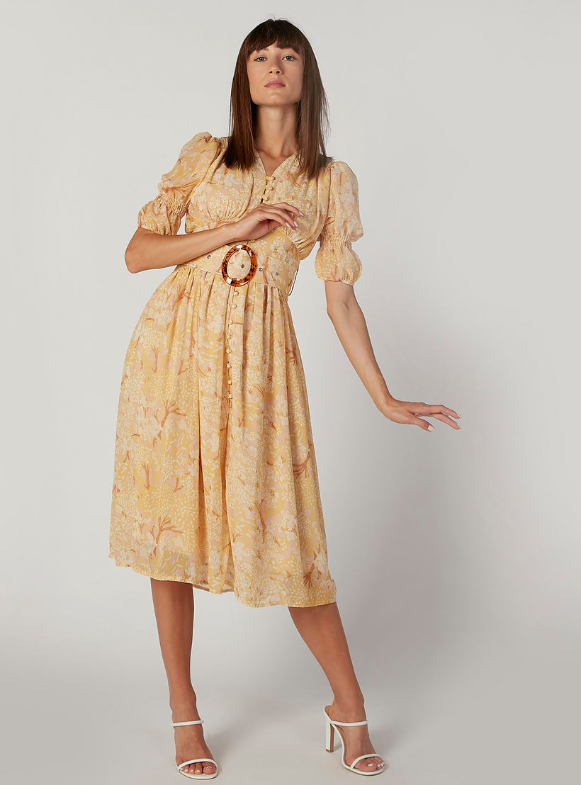 فستان ميدي بياقة V وأكمام قصيرة وطبعات زهرية-women-clothing-dresses-image-1