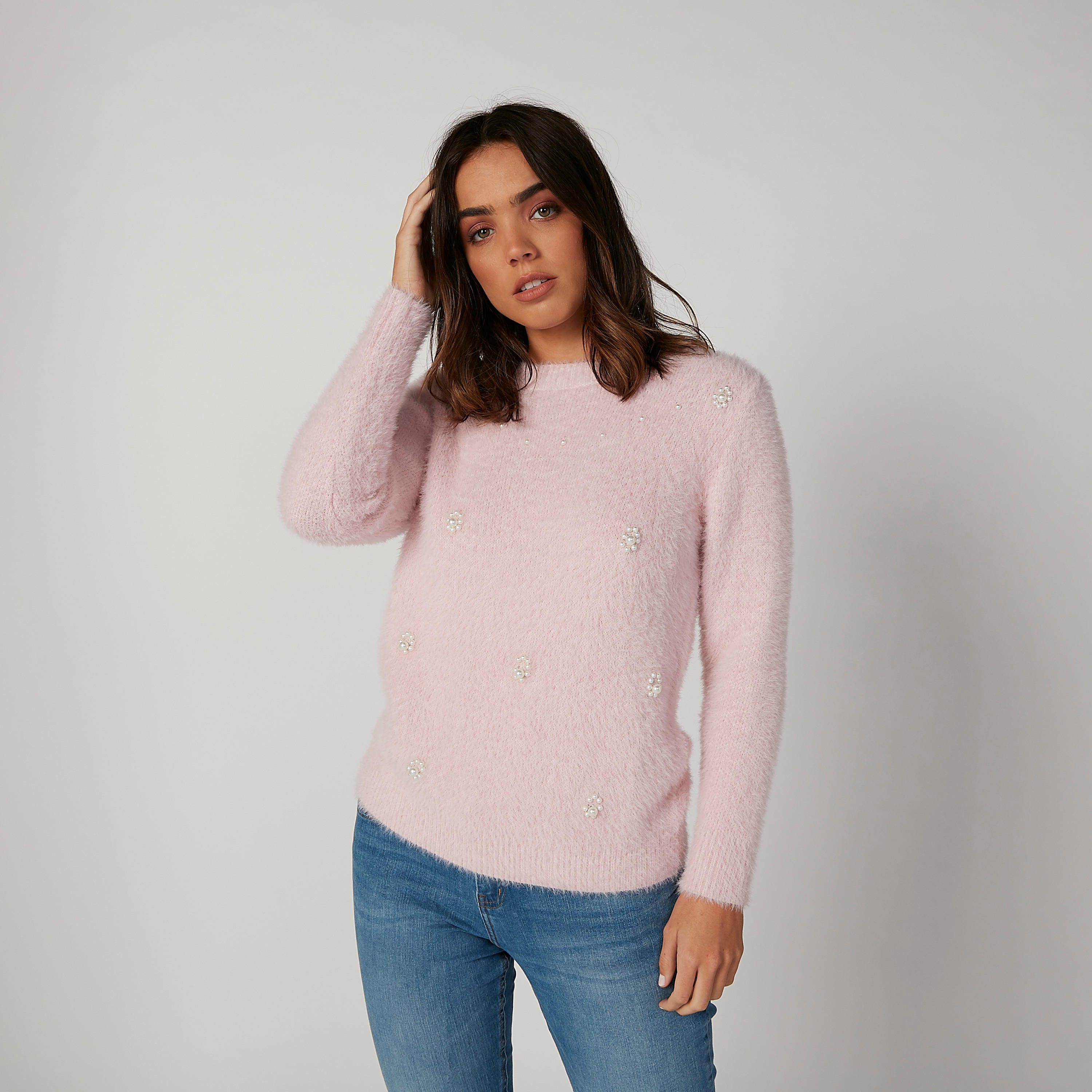 سويتر بياقة مستديرة وأكمام طويلة وتفاصيل لؤلؤ-women-clothing-cardigansandjumpers-jumpers-image-1