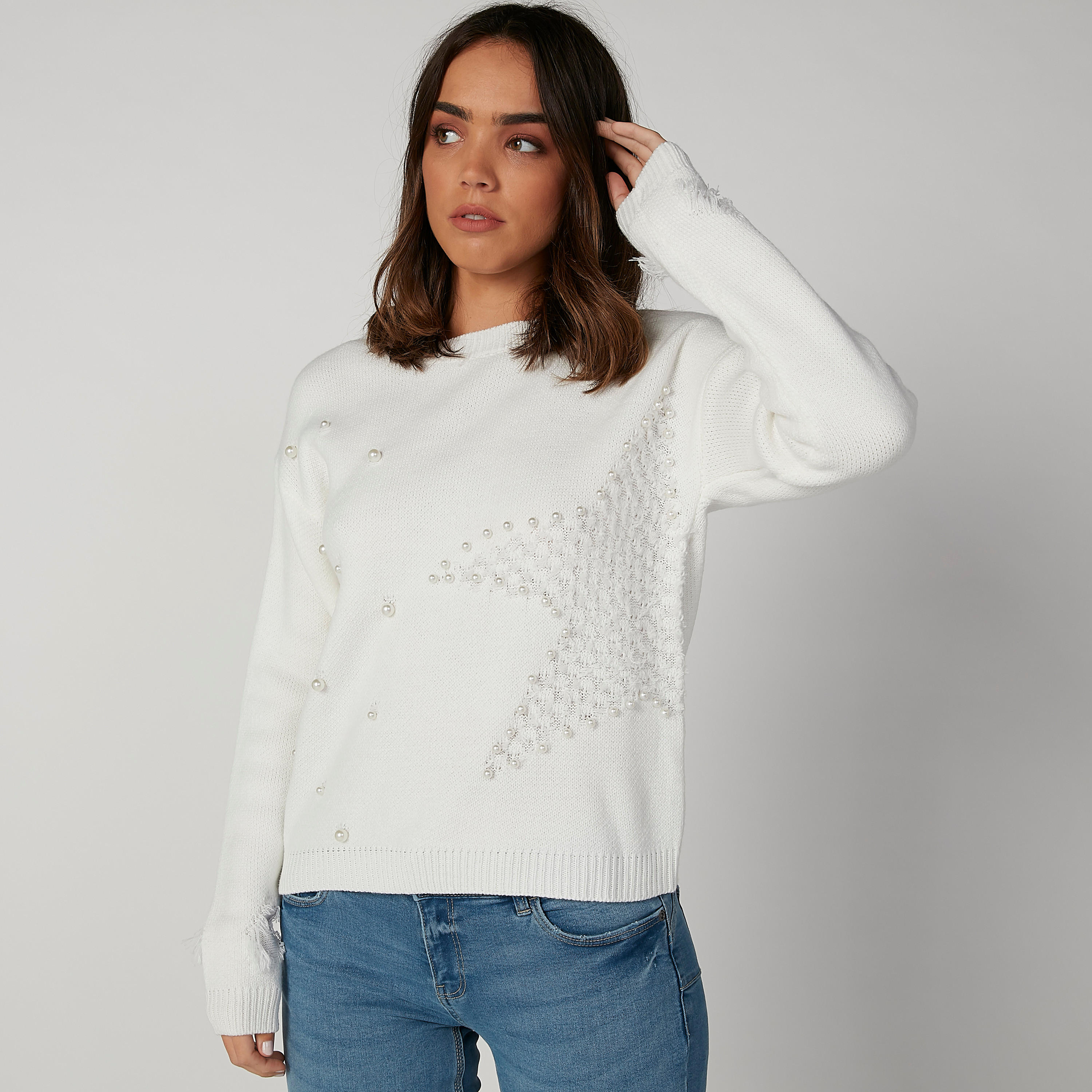 كنزة بارزة الملمس بياقة مستديرة وتفاصيل لؤلؤ-women-clothing-cardigansandjumpers-jumpers-image-1