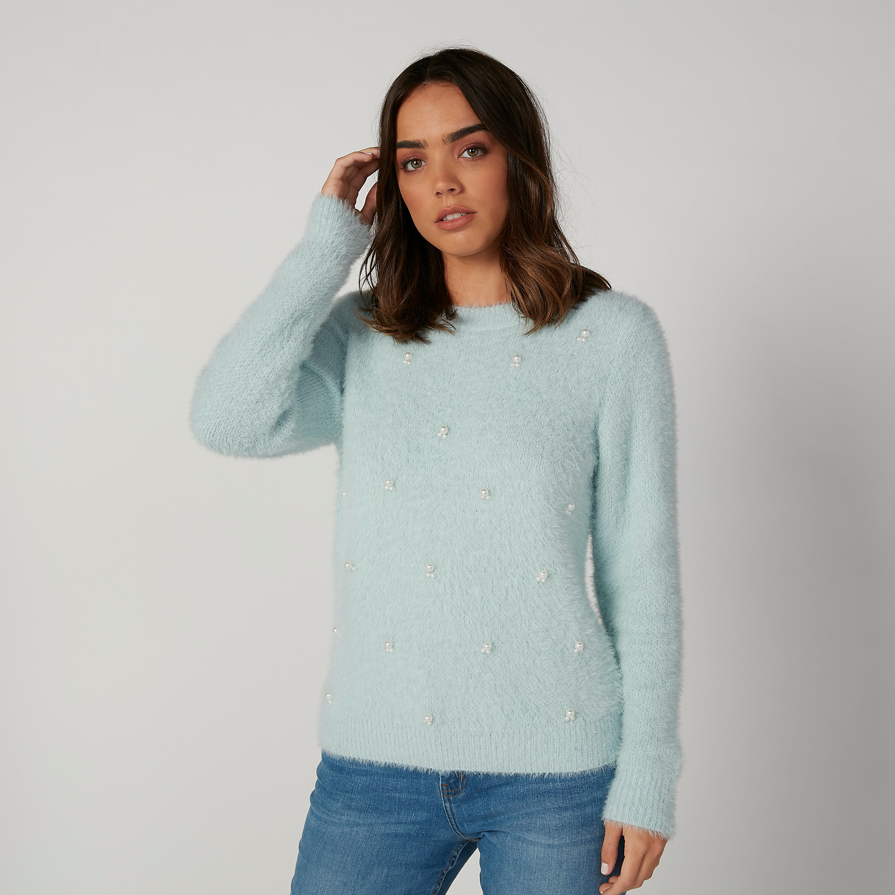 كنزة بارزة الملمس بياقة مستديرة وتفاصيل لؤلؤ-women-clothing-cardigansandjumpers-jumpers-image-1