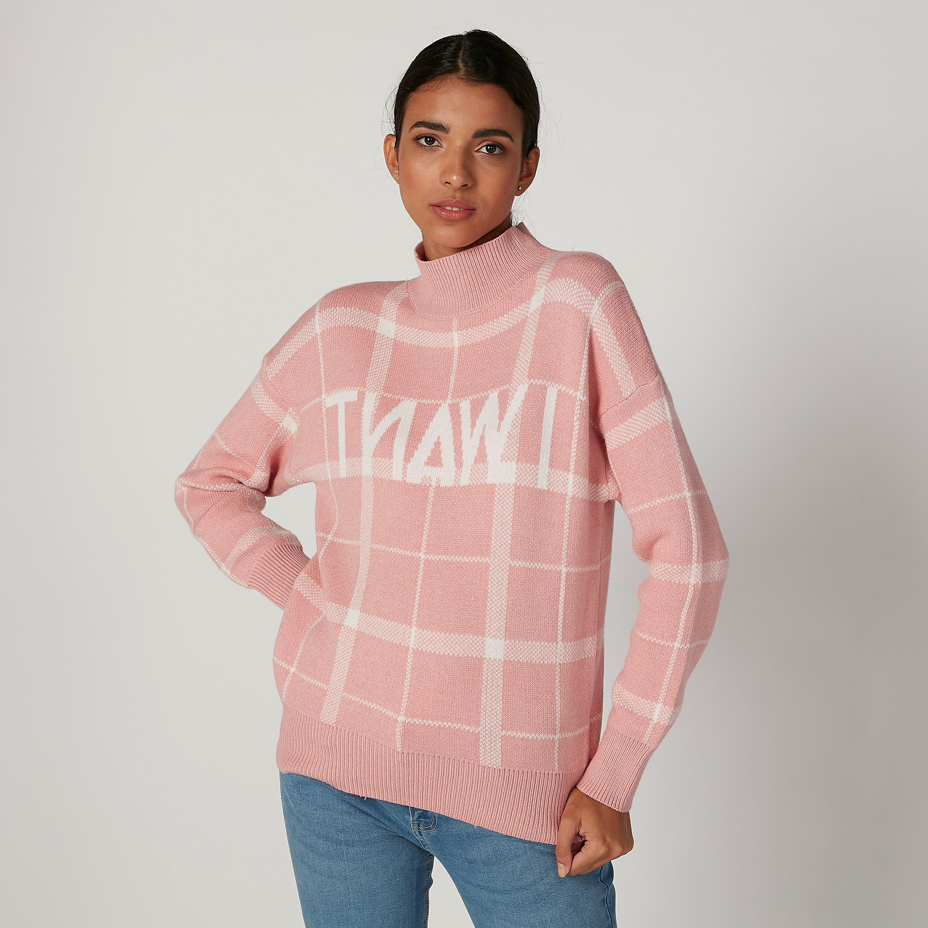 سويتر كاروهات بياقة عالية وأكمام طويلة-women-clothing-cardigansandjumpers-jumpers-image-1