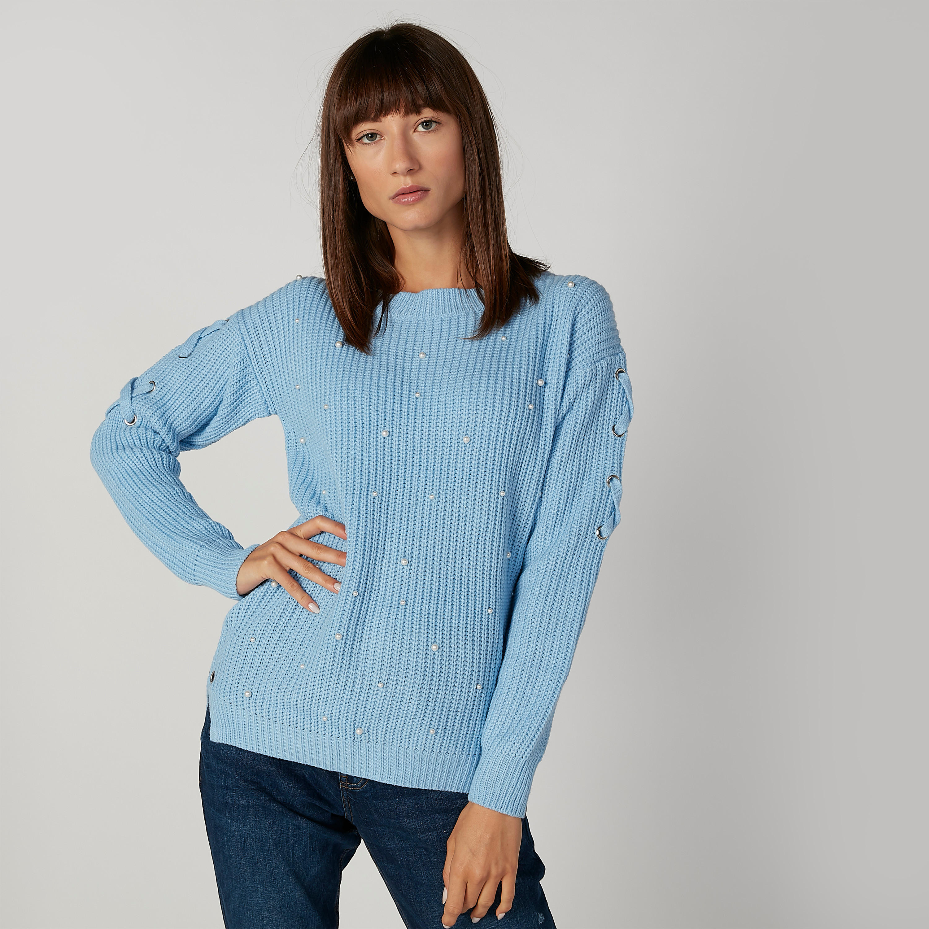 كنزة بأكمام طويلة وياقة مستديرة وتفاصيل لؤلؤ-women-clothing-cardigansandjumpers-jumpers-image-3