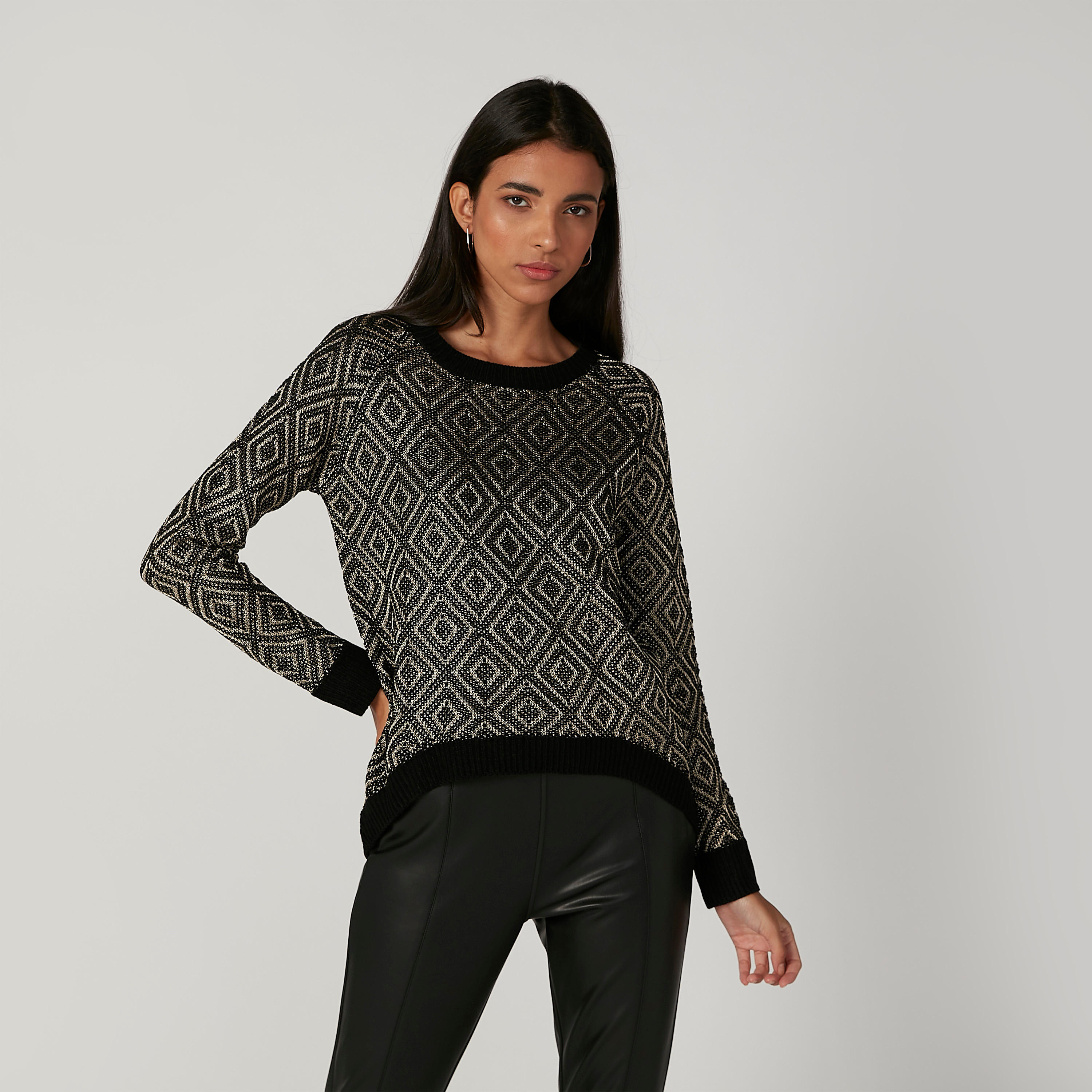 كنزة بارزة الملمس بأكمام مغايرة وياقة مستديرة-women-clothing-cardigansandjumpers-jumpers-image-1