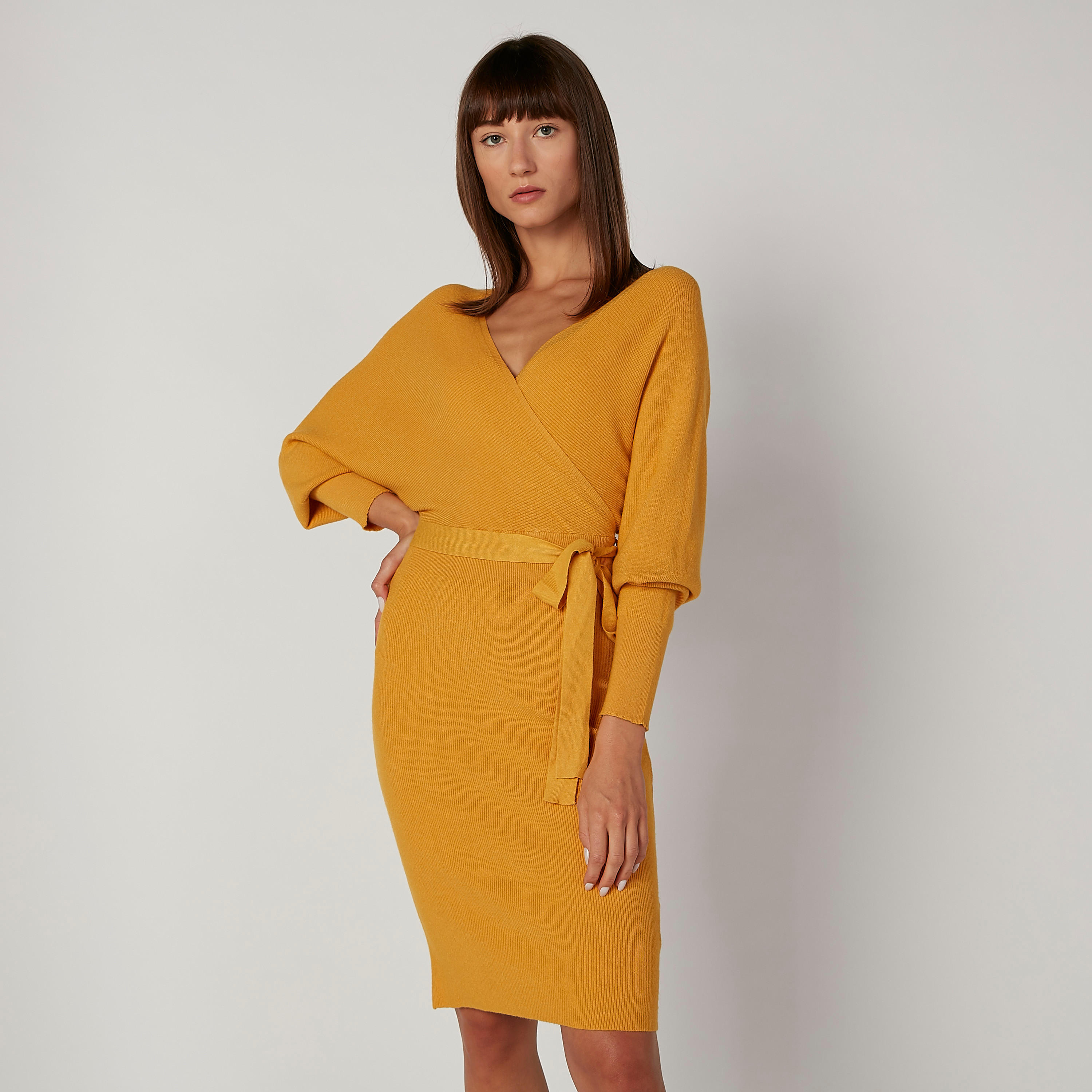 فستان ميدي بارز الملمس بقصّة ضيقة وأكمام طويلة وأربطة-women-clothing-dresses-image-3