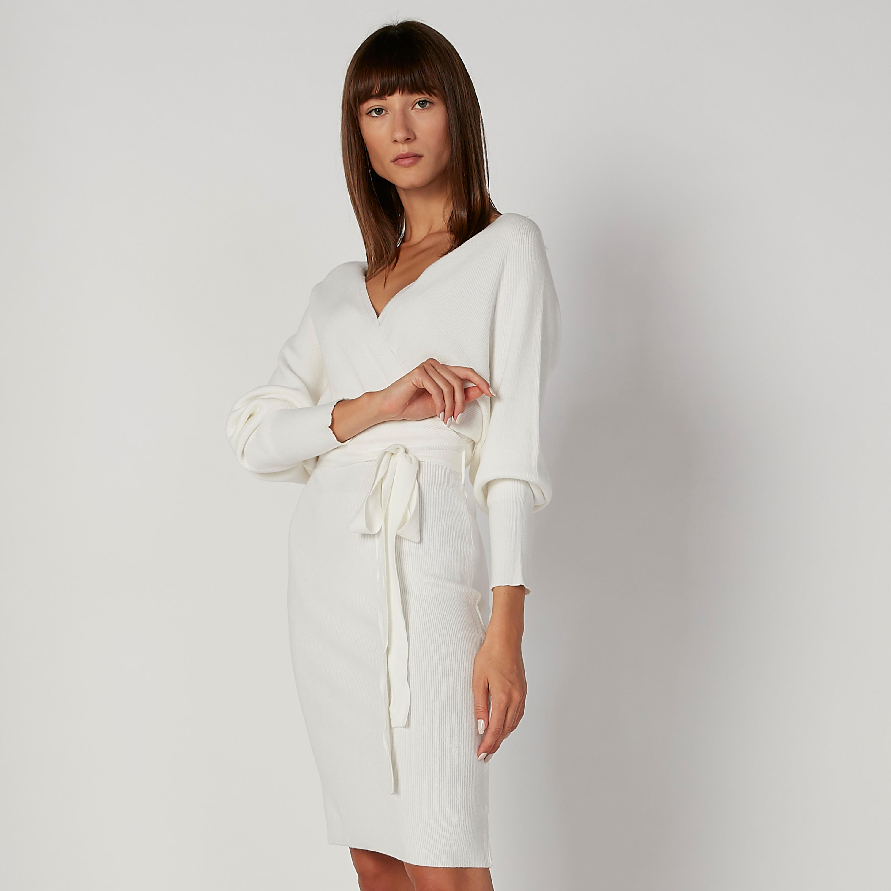 فستان ميدي بارز الملمس بقصّة ضيقة وأكمام طويلة وأربطة-women-clothing-dresses-image-3