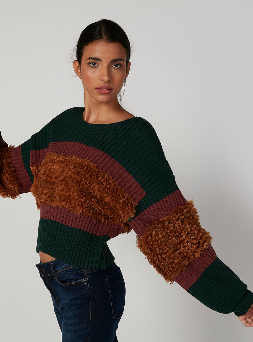 Textured Sweater with Boat Neck and Long Sleeves-women-clothing-cardigansandjumpers-jumpers-image-3