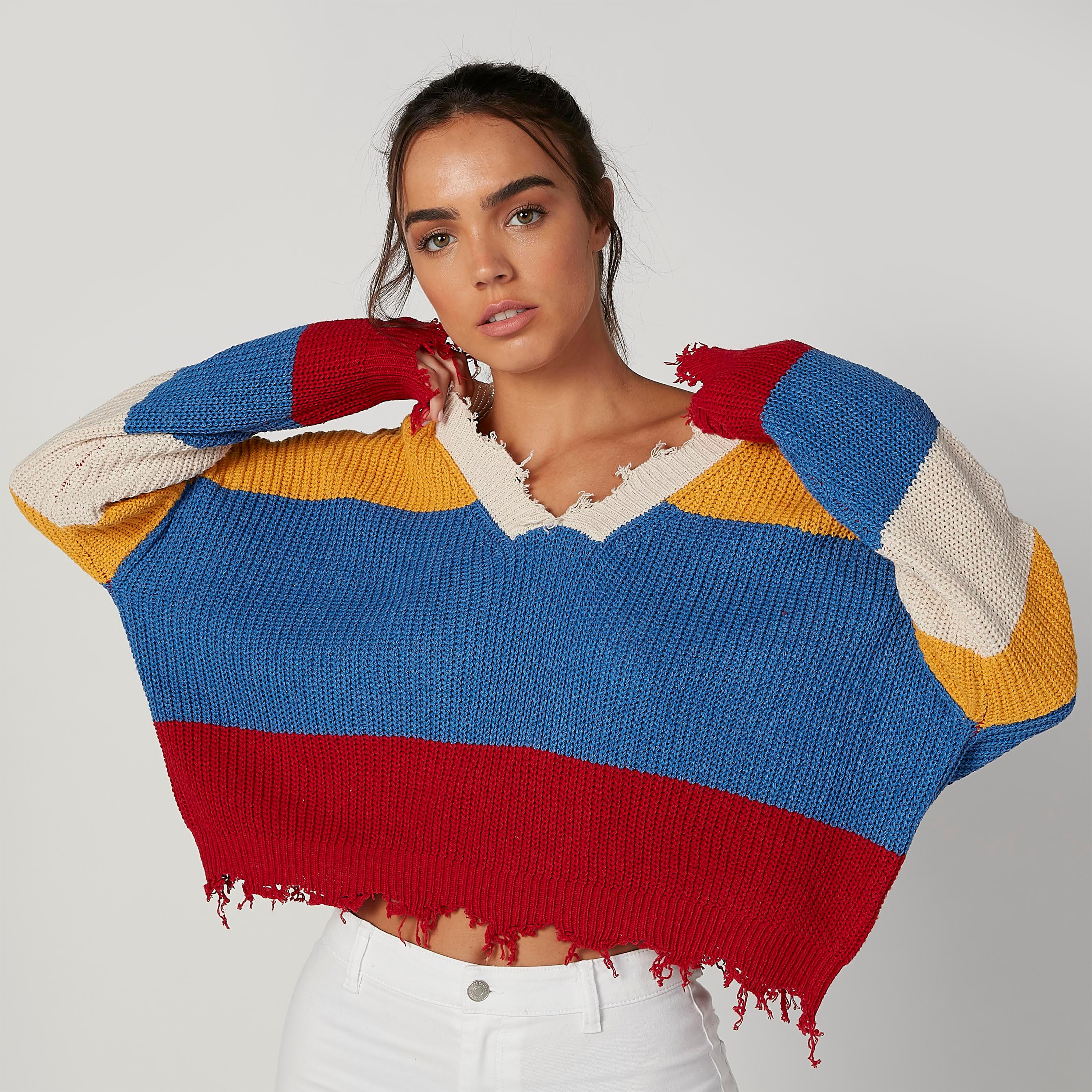 جامبر قوالب ملوّنة بارزةة الملمس بياقة V وأكمام طويلة-women-clothing-cardigansandjumpers-jumpers-image-1
