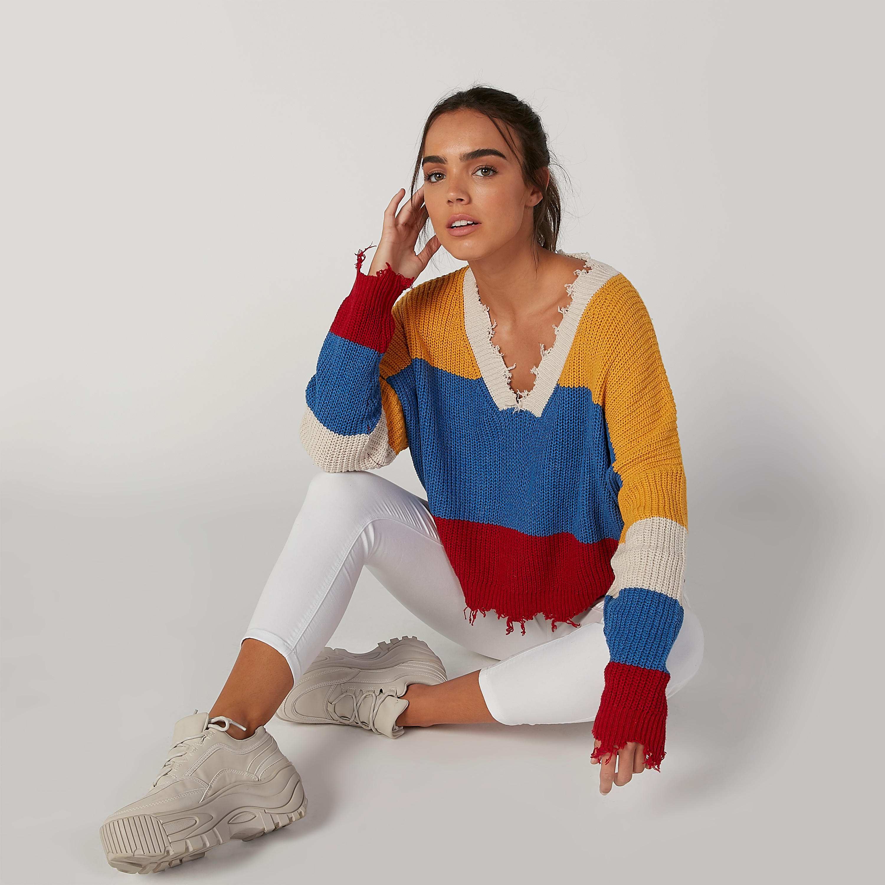 جامبر قوالب ملوّنة بارزةة الملمس بياقة V وأكمام طويلة-women-clothing-cardigansandjumpers-jumpers-image-2