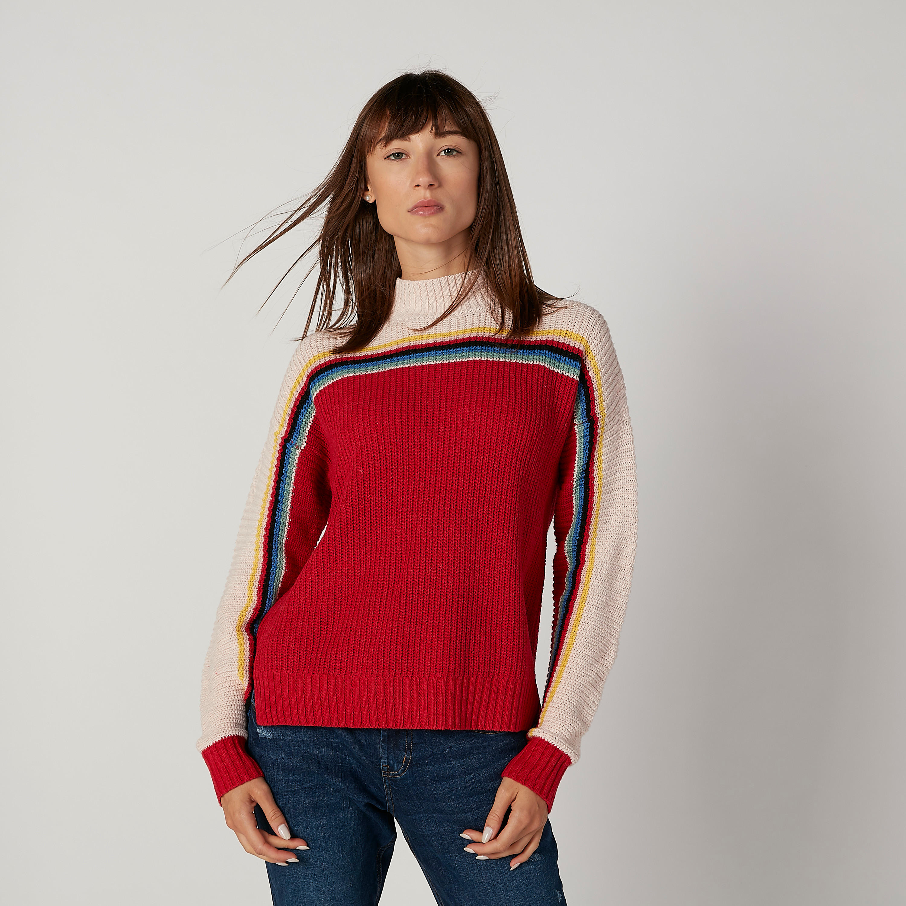 كنزة مقلمة بياقة عالية وأكمام طويلة-women-clothing-cardigansandjumpers-jumpers-image-1