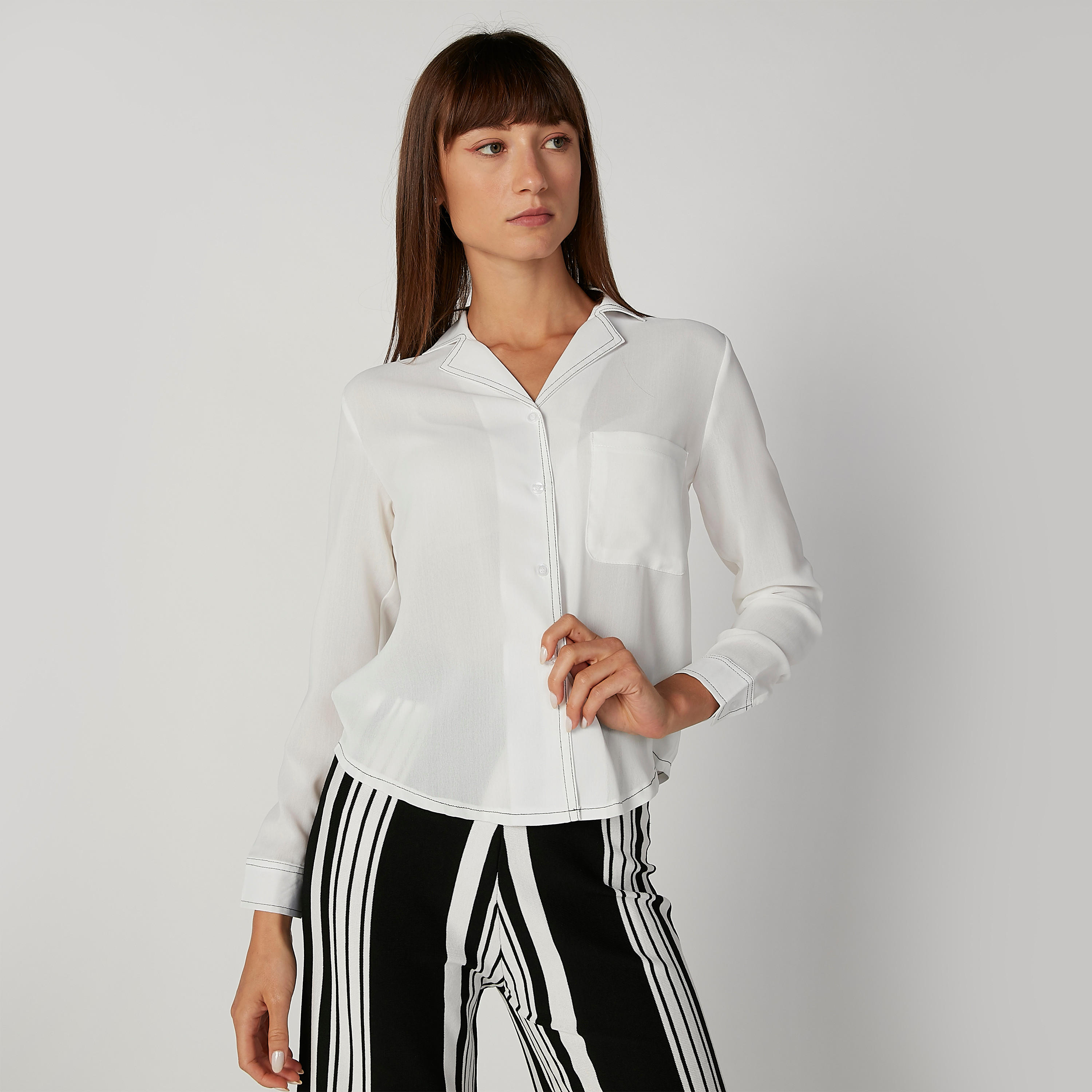 Plain Shirt with Spread Collar and Long Sleeves-women-clothing-shirtsandblouses-shirts-image-1