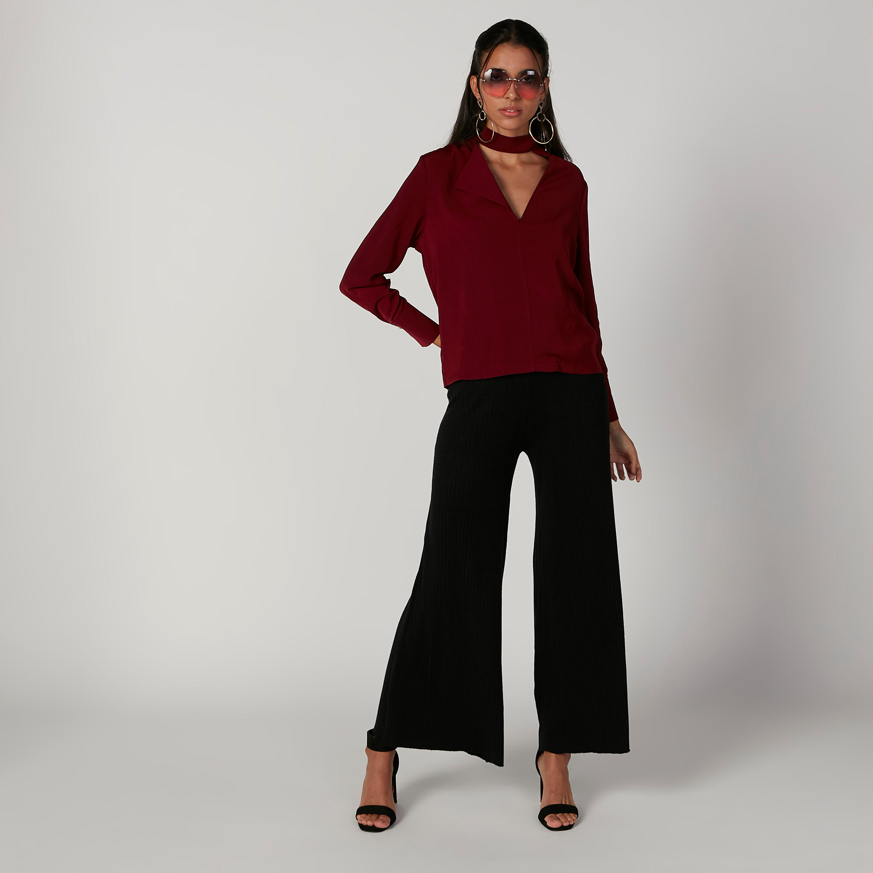 بلوزة سادة بياقة عالية وأكمام طويلة-women-clothing-shirtsandblouses-blouses-image-2