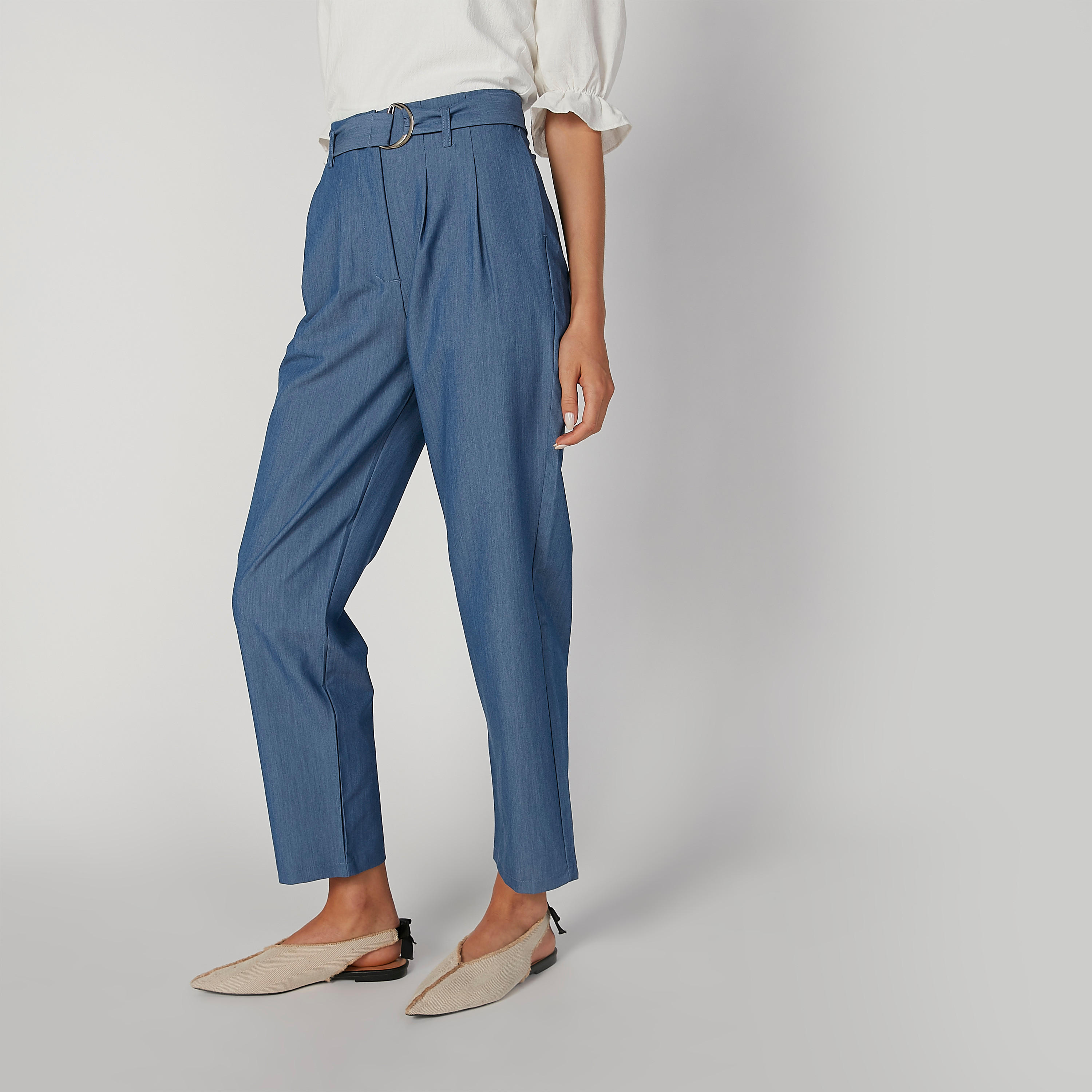 بنطلون سادة بخصر مرتفع وجيوب وحزام D-women-clothing-bottoms-trousers-image-1