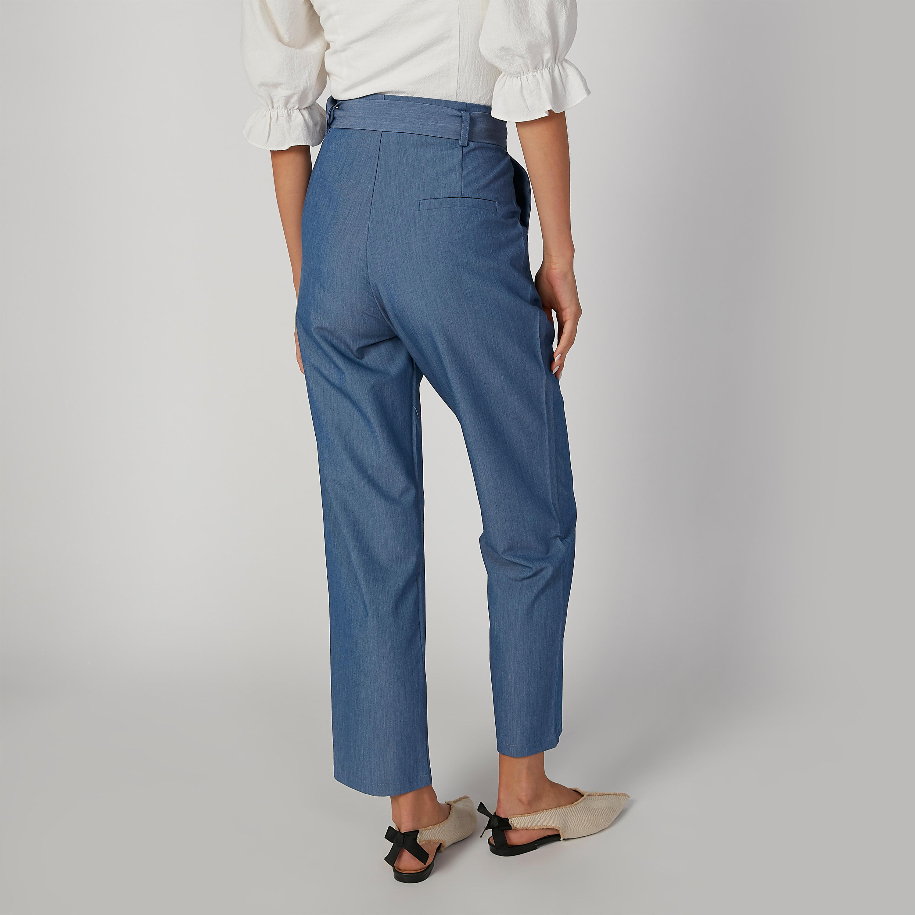 بنطلون سادة بخصر مرتفع وجيوب وحزام D-women-clothing-bottoms-trousers-image-2