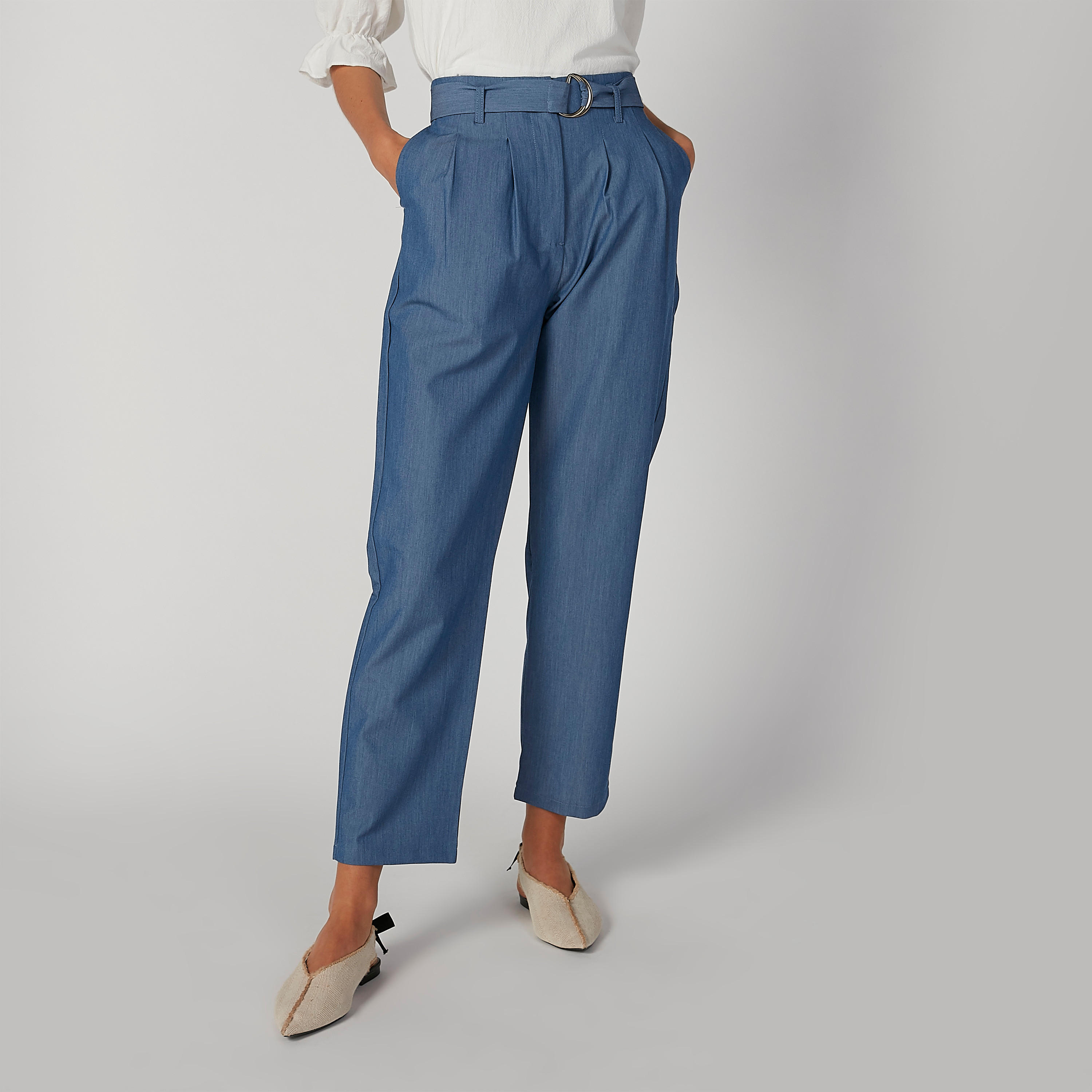 بنطلون سادة بخصر مرتفع وجيوب وحزام D-women-clothing-bottoms-trousers-image-4