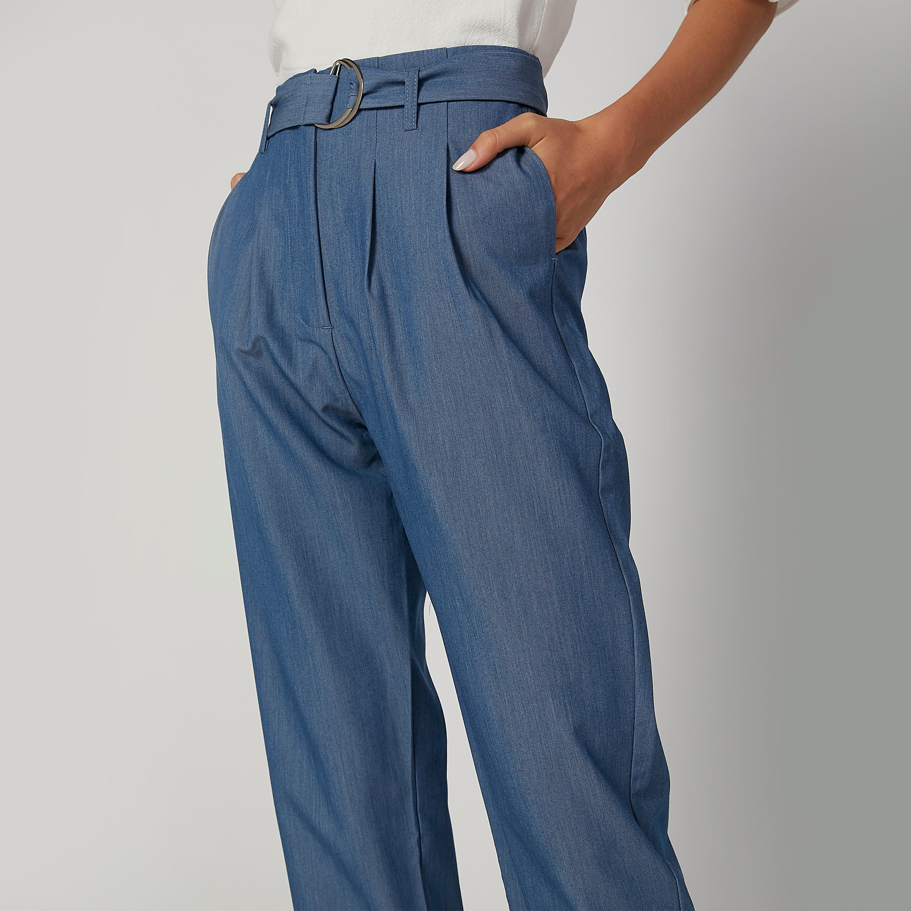 بنطلون سادة بخصر مرتفع وجيوب وحزام D-women-clothing-bottoms-trousers-image-5