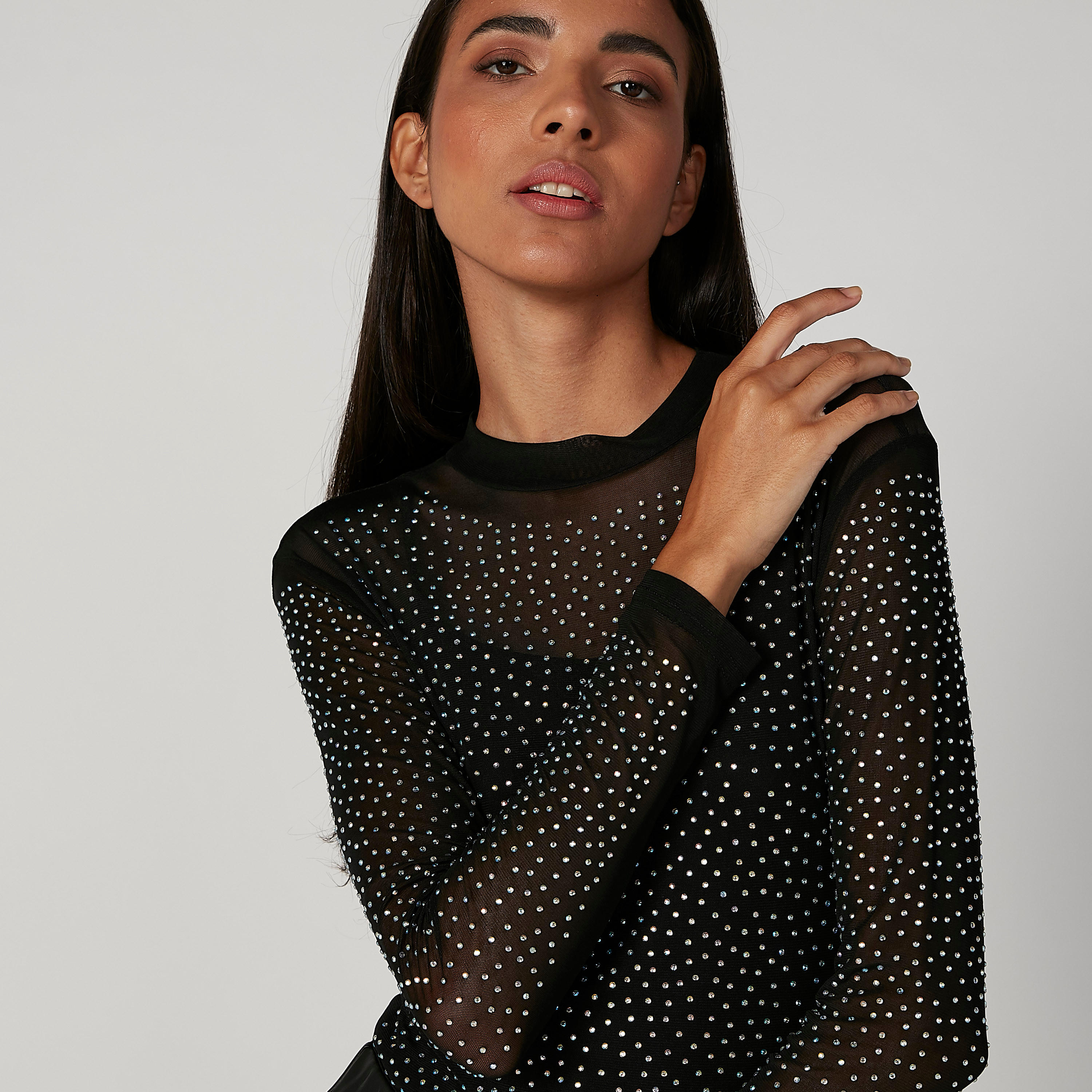 بلوزة سليم مزيّنة بياقة مستديرة وأكمام طويلة-women-clothing-shirtsandblouses-blouses-image-5