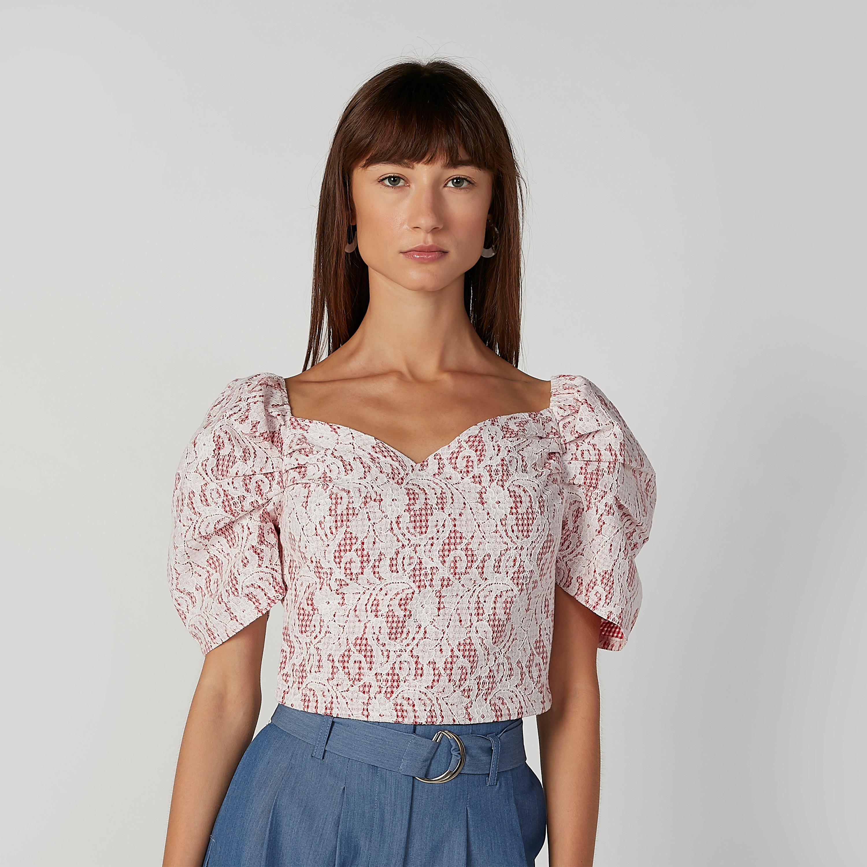 بلوزة قصيرة بارزة الملمس بياقة V وأكمام قصيرة-women-clothing-shirtsandblouses-blouses-image-4