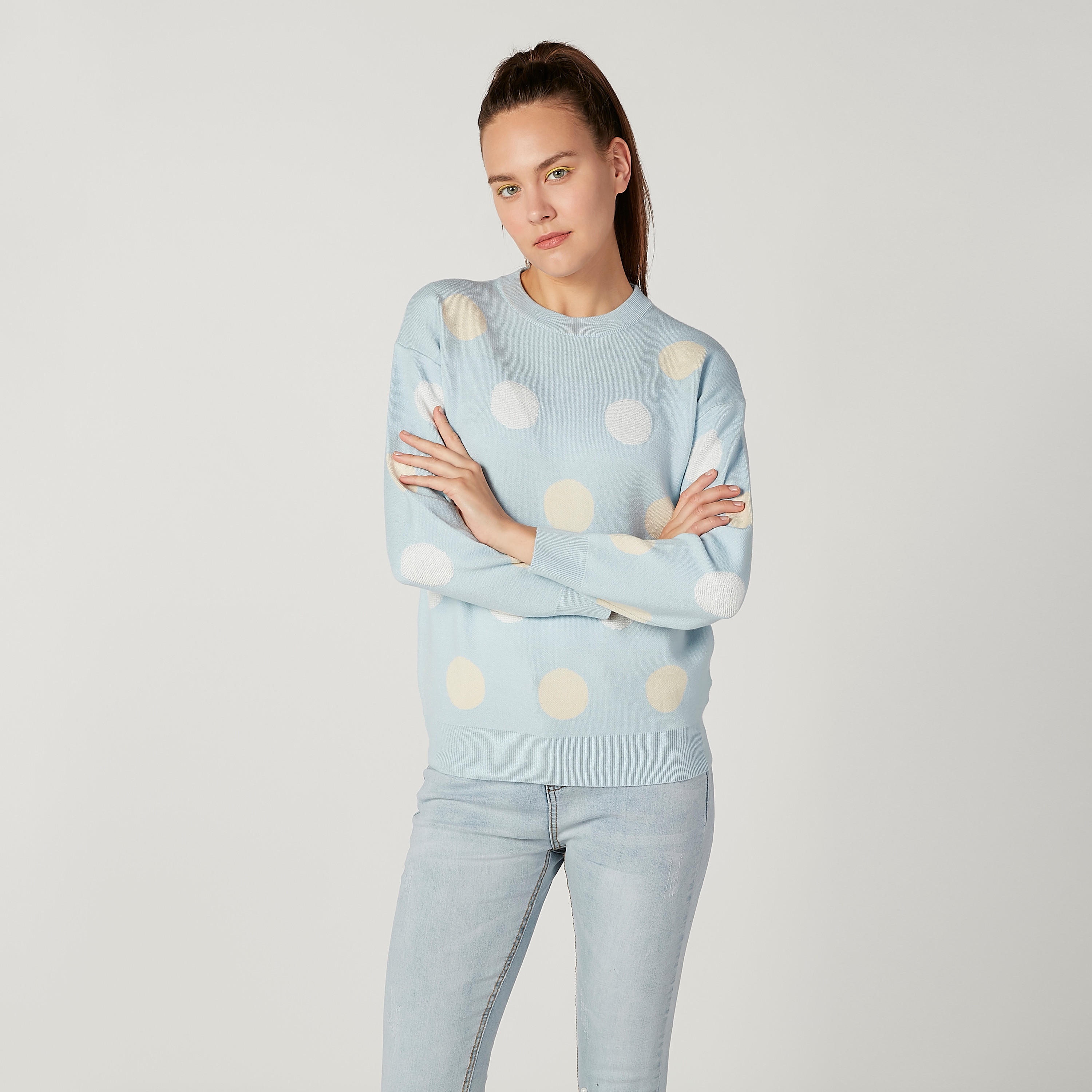 كنزة بياقة مستديرة وأكمام طويلة وطبعات منقطّة-women-clothing-cardigansandjumpers-jumpers-image-1