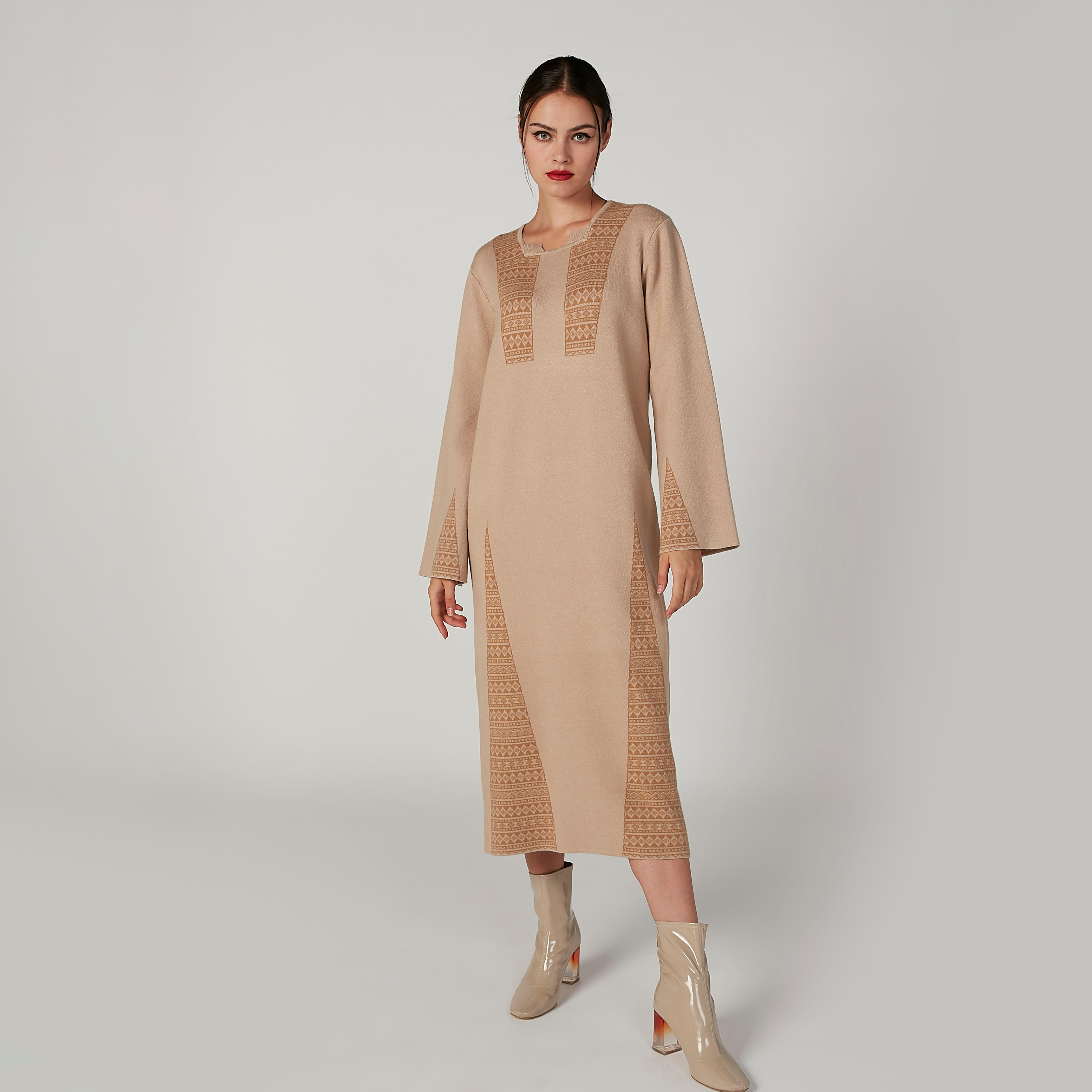 فستان ميدي بارز الملمس بأكمام طويلة-women-clothing-dresses-image-1