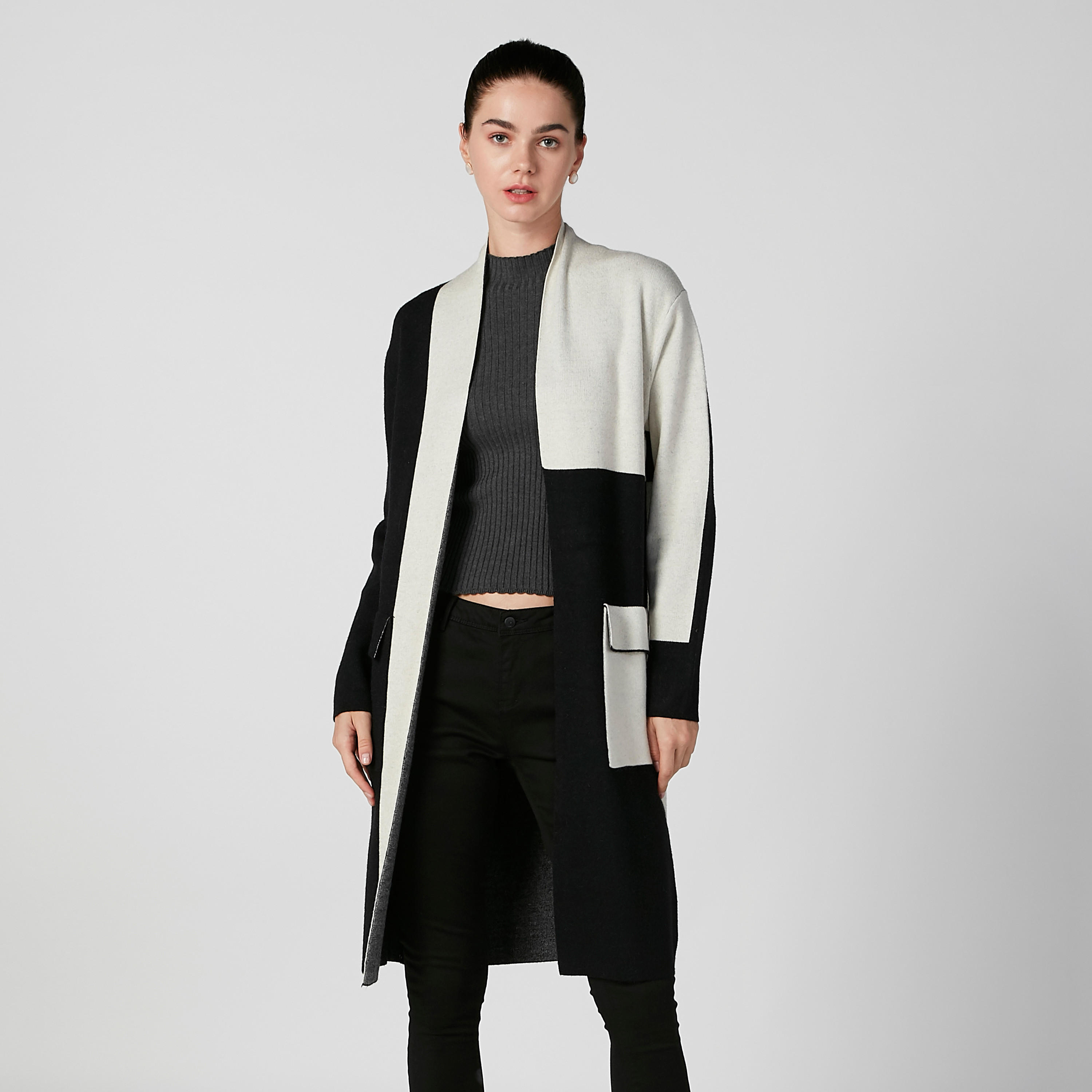 معطف طويل بنمط كتل الألوان بأكمام طويلة-women-clothing-coatsandjackets-coats-image-1