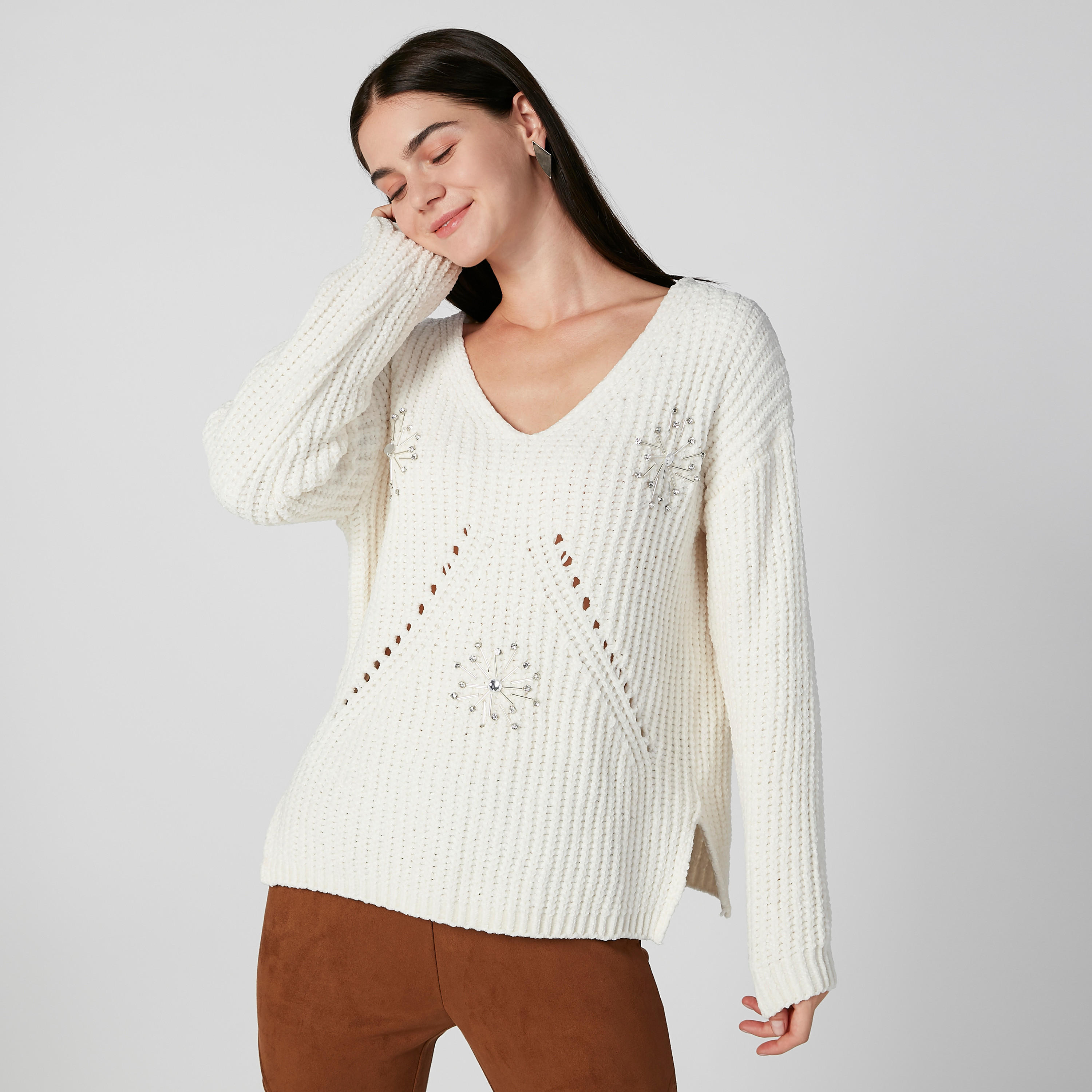 Embellished Sweater with V-neck and Long Sleeves-women-clothing-cardigansandjumpers-jumpers-image-1