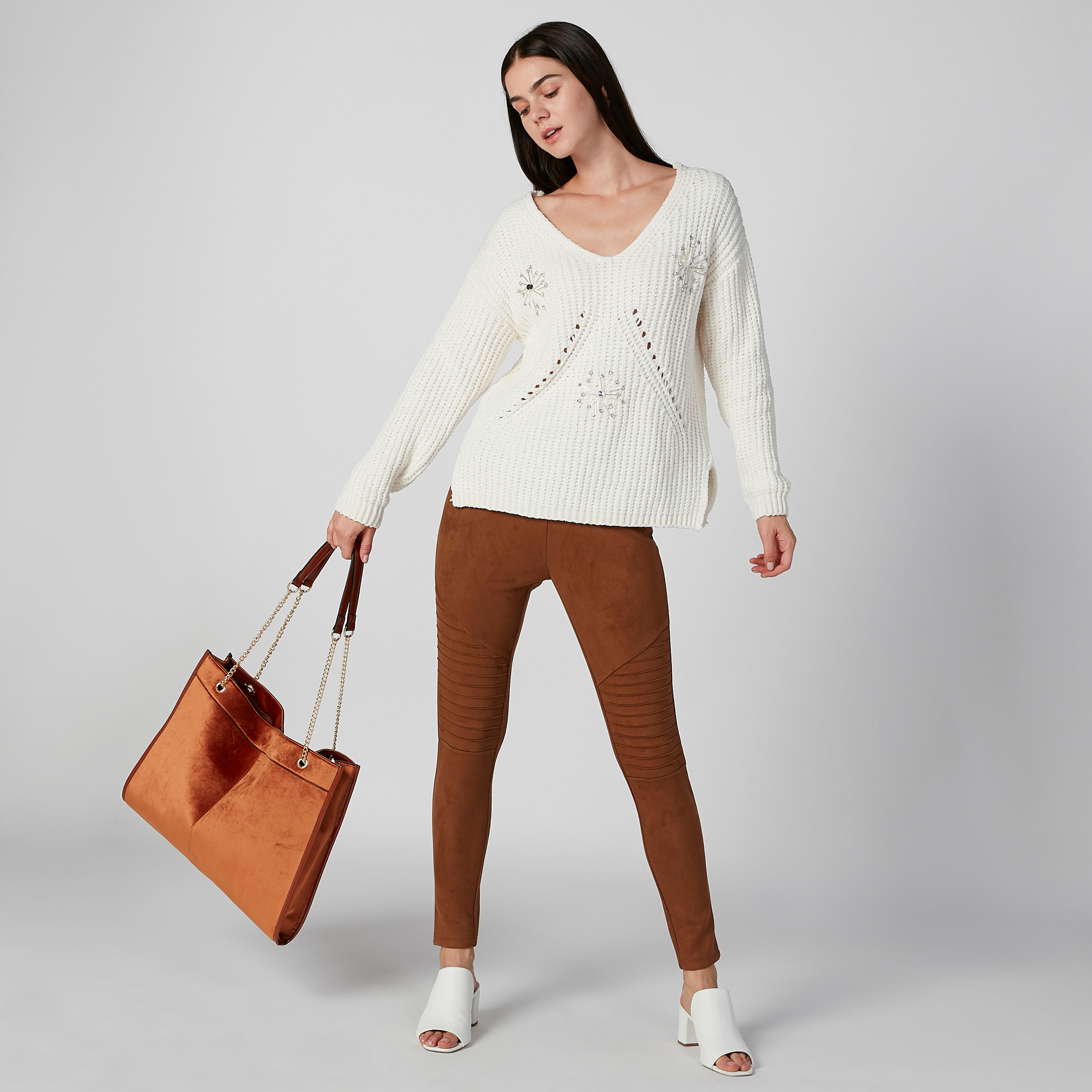 Embellished Sweater with V-neck and Long Sleeves-women-clothing-cardigansandjumpers-jumpers-image-2