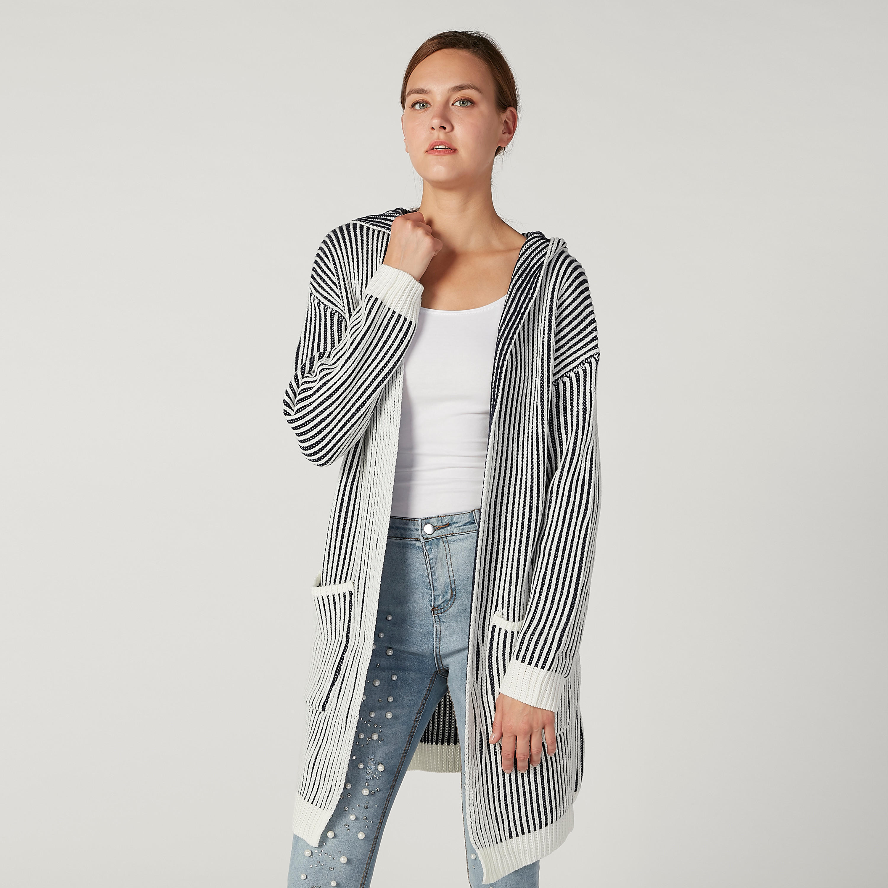 كارديجان طويل مخطط بأكمام طويلة وجيوب-women-winterwear-cardigansandjumpers-cardigans-image-1
