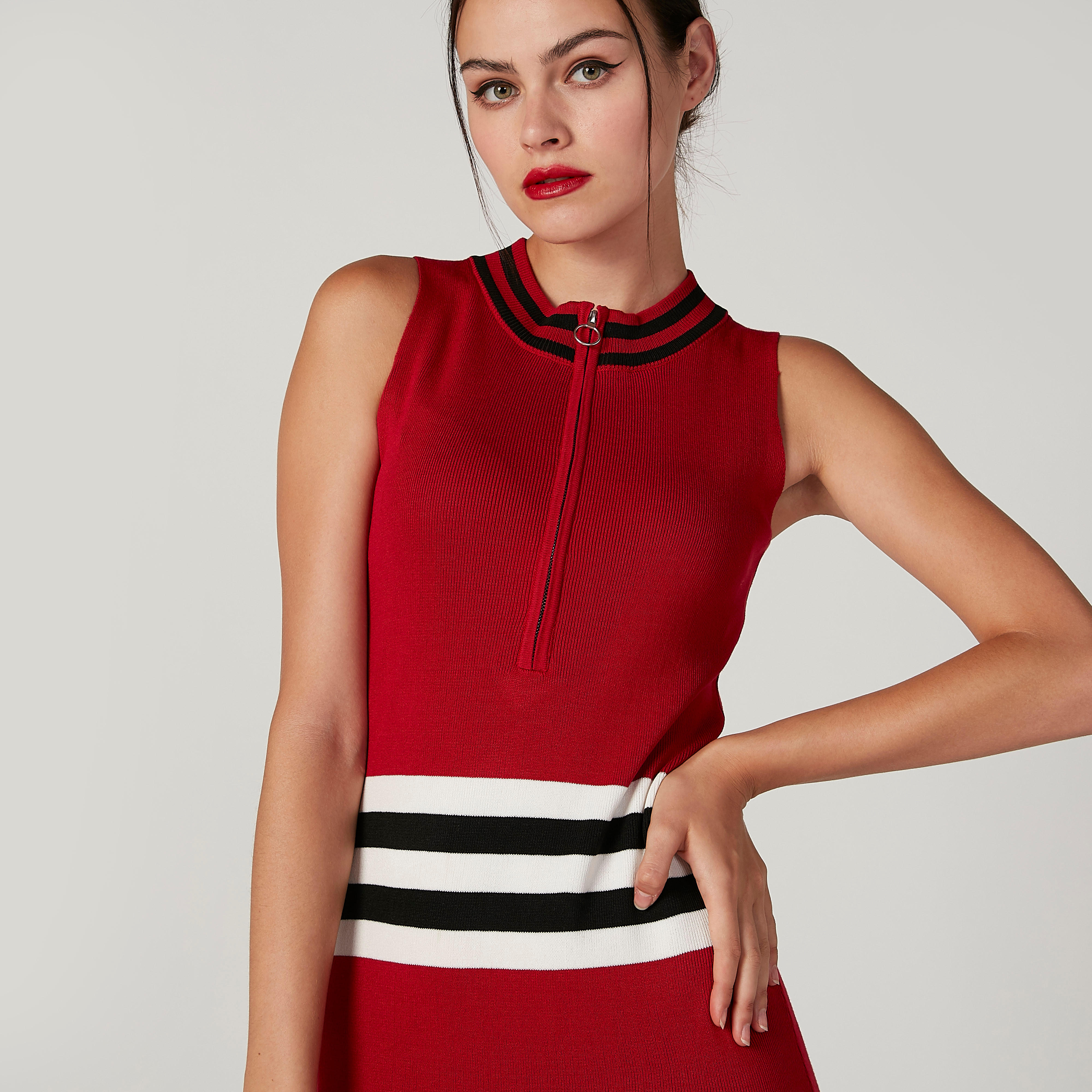 فستان ميدي مقلّم دون أكمام بقصّة ضيقة وسحّاب-women-clothing-dresses-image-2