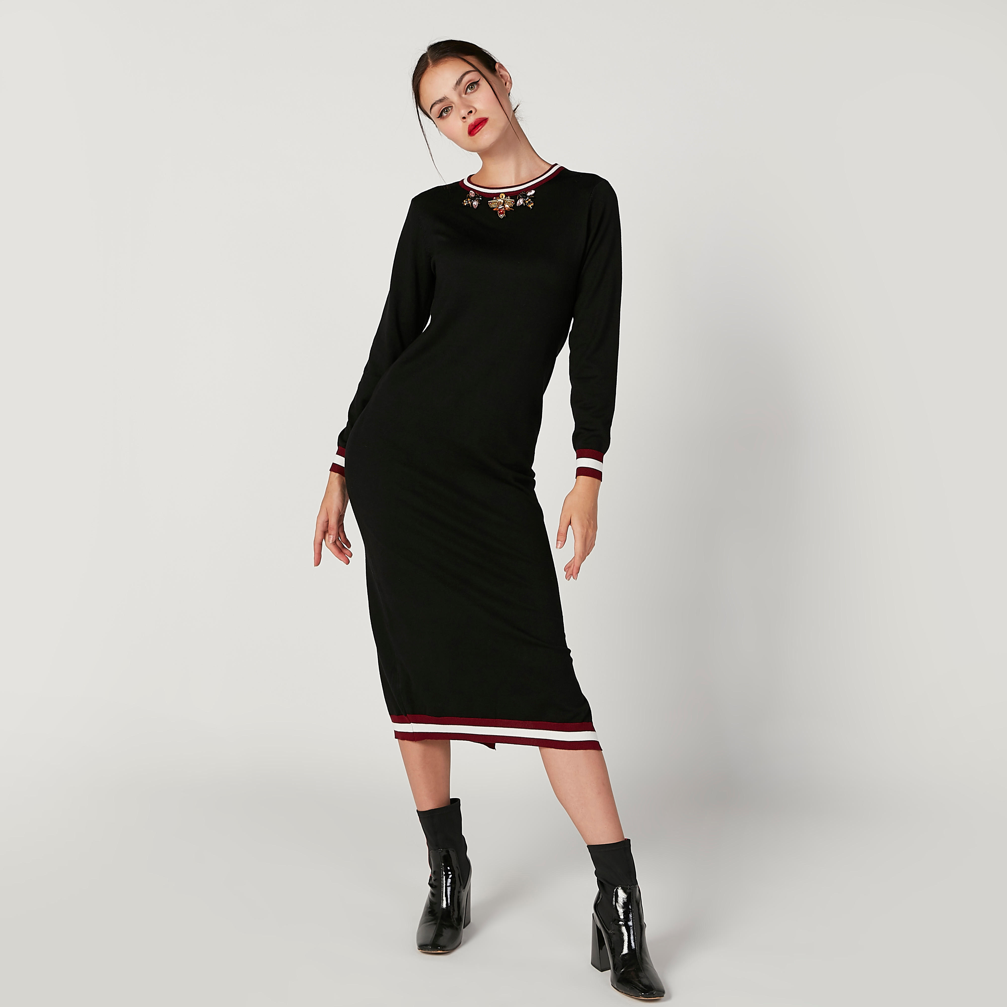 فستان ميدي بقصّة ضيّقة وأكمام طويلة وتزيينات-women-clothing-dresses-image-1