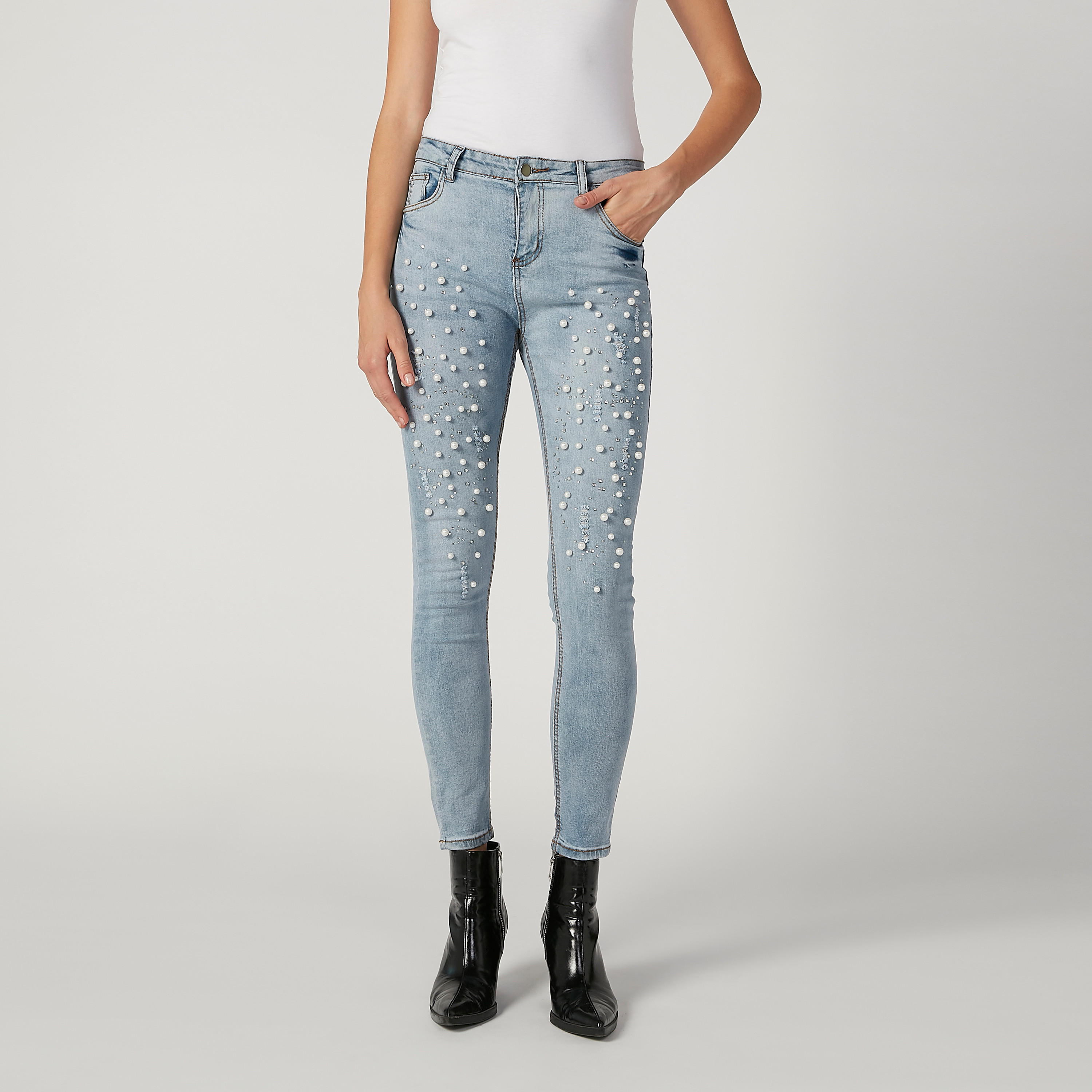 2Xtremz Skinny Fit Full Length Distressed Jeans with Pocket and Pearl Detail-women-clothing-bottoms-jeans-image-1