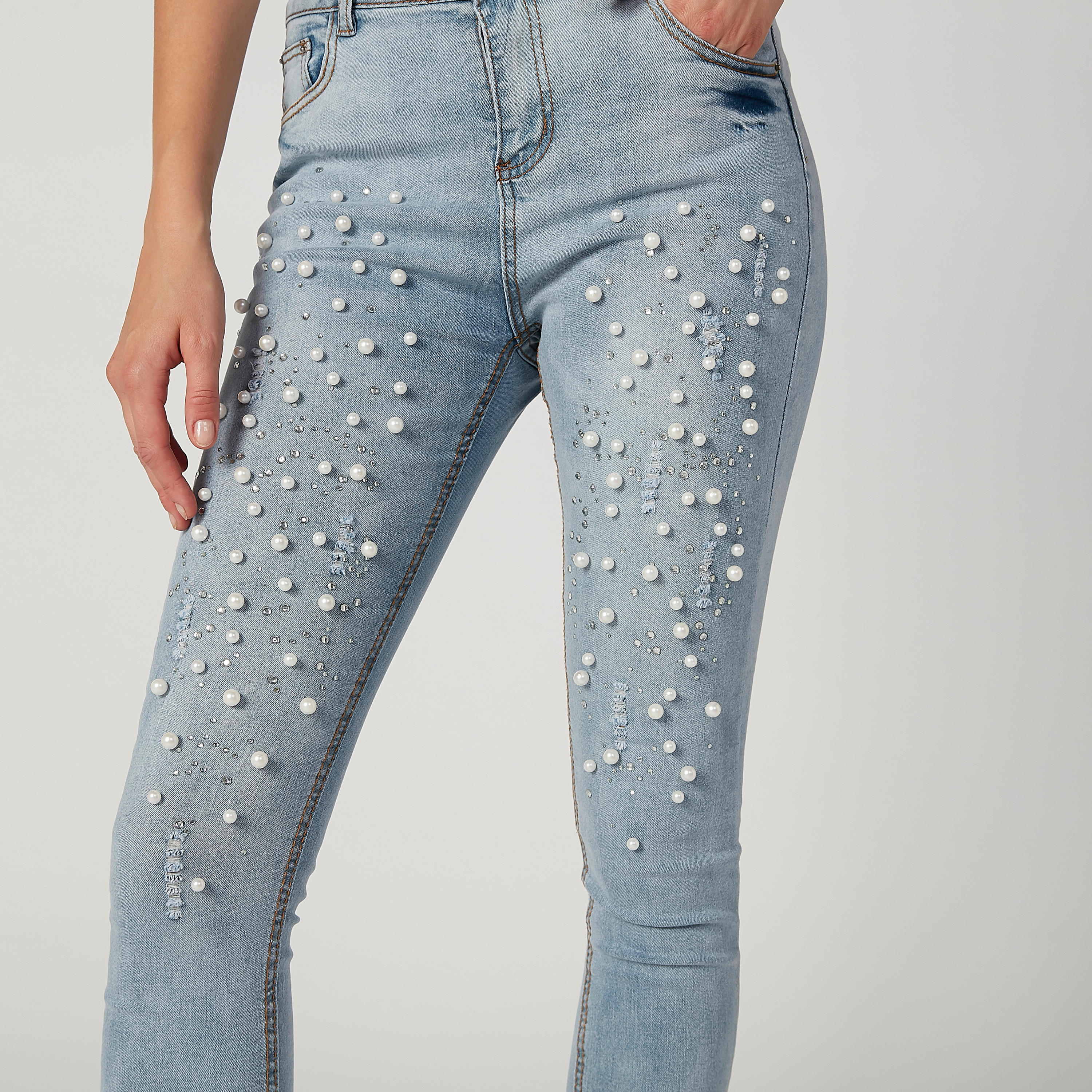 2Xtremz Skinny Fit Full Length Distressed Jeans with Pocket and Pearl Detail-women-clothing-bottoms-jeans-image-3