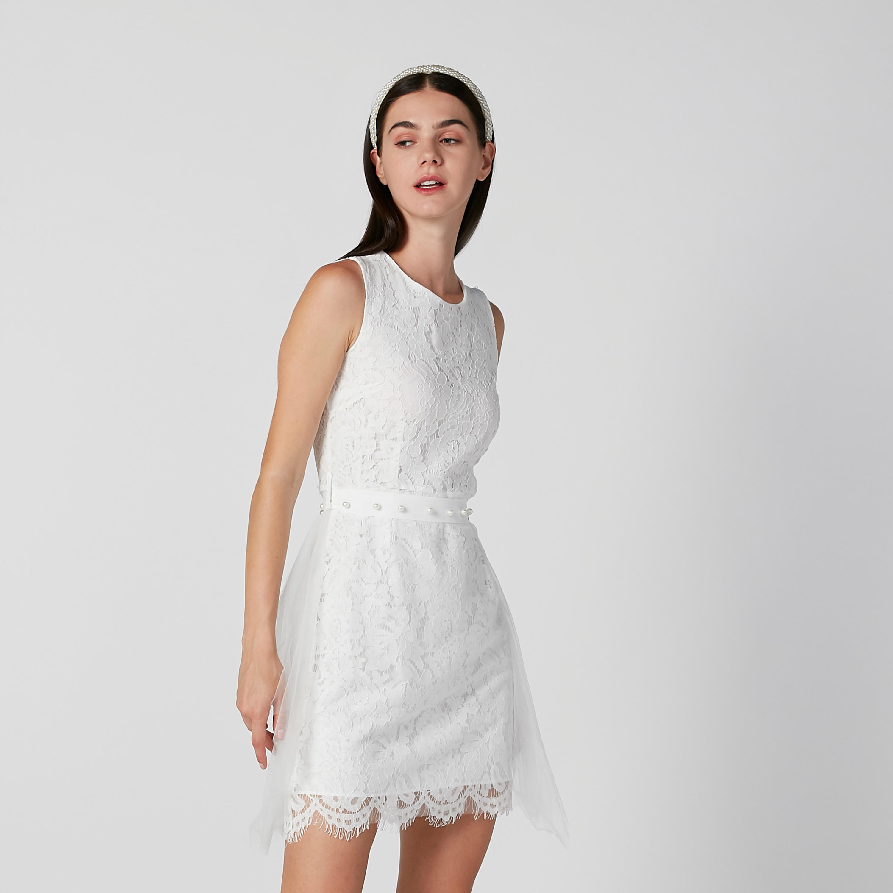 فستان قصير إيه لاين بارز الملمس دون أكمام بياقة مستديرة وأربطة-women-clothing-dresses-image-1