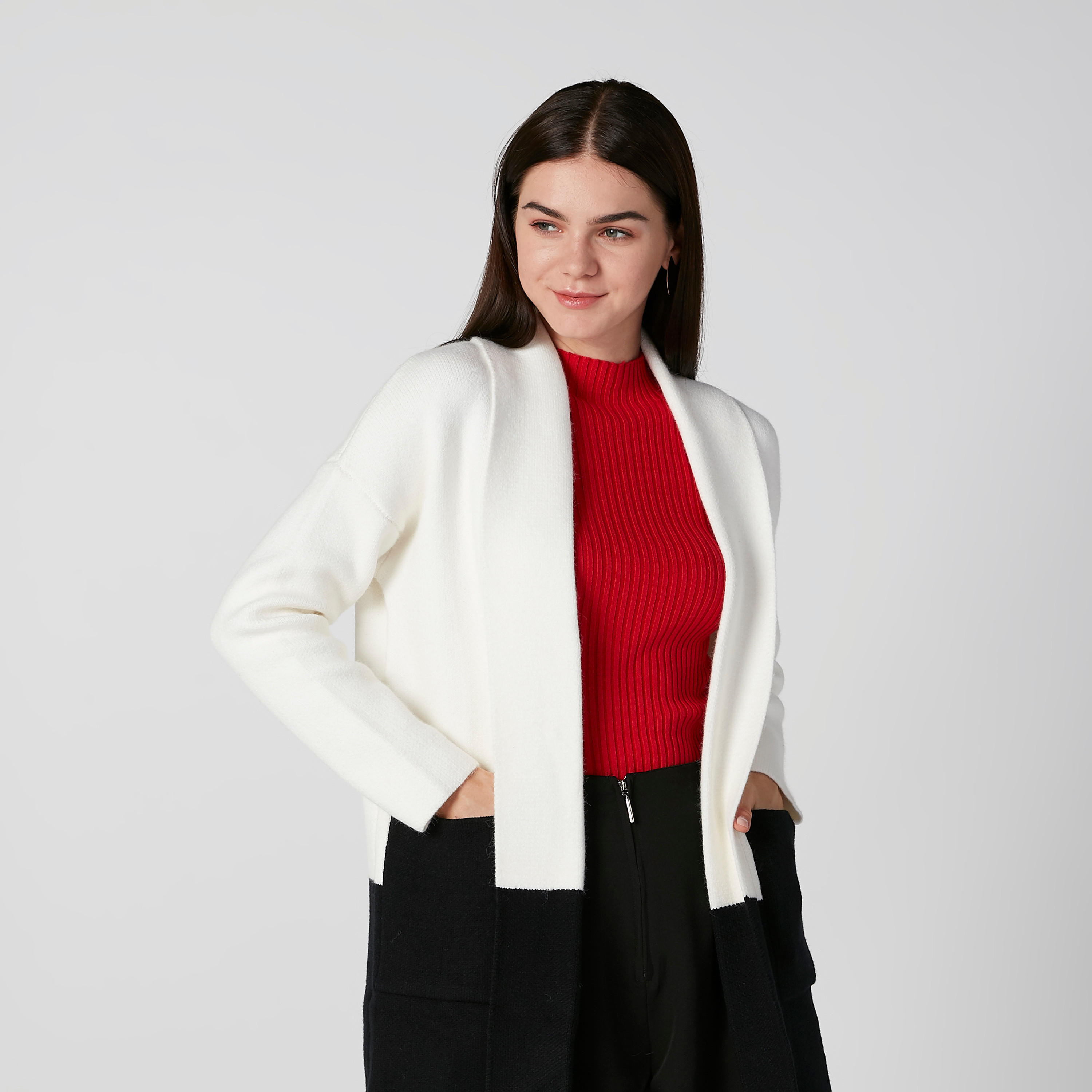 كارديجان طويل بارز الملمس بأكمام طويلة وجيوب-women-winterwear-cardigansandjumpers-cardigans-image-1