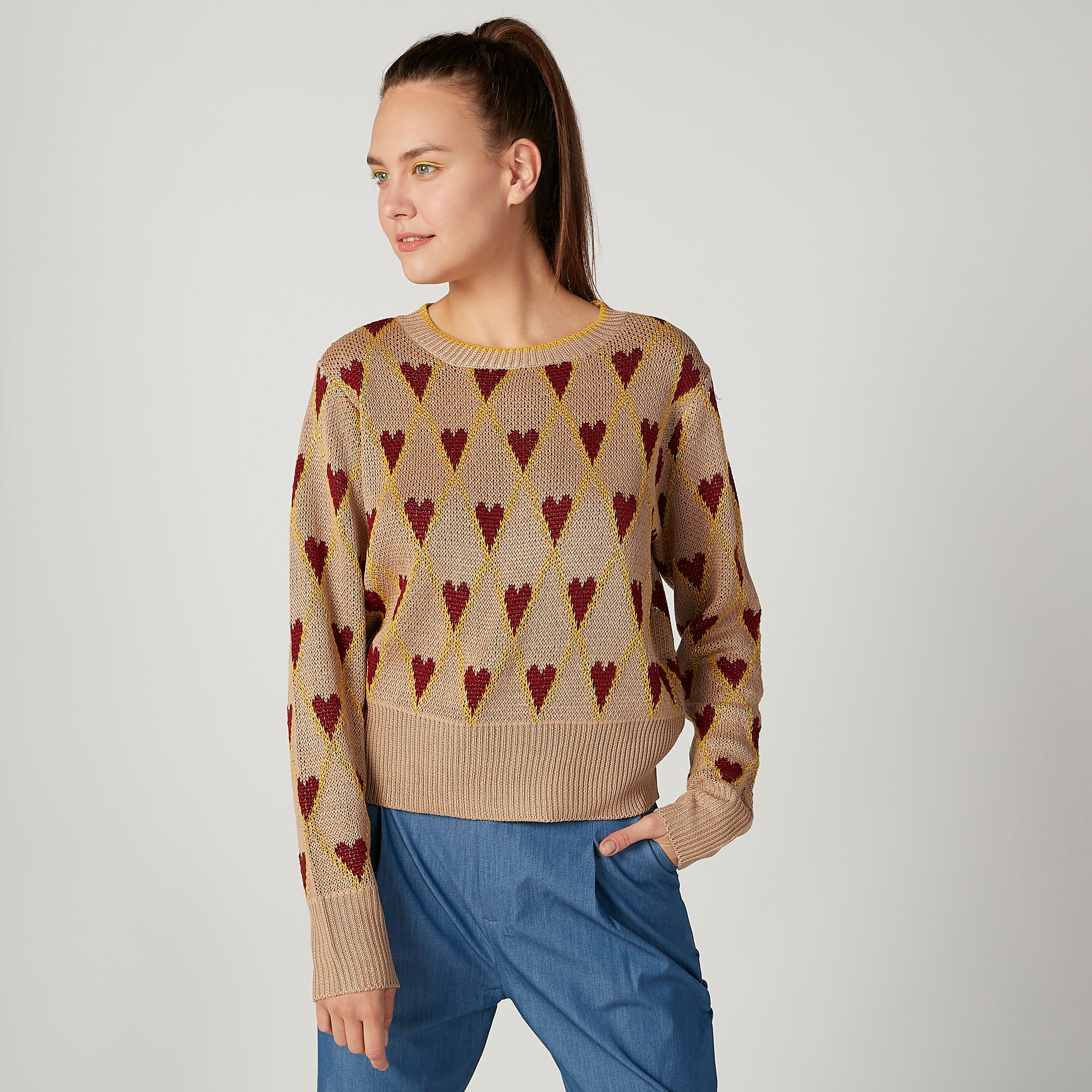كنزة  بياقة مستديرة وأكمام طويلة وطبعات-women-clothing-cardigansandjumpers-jumpers-image-1