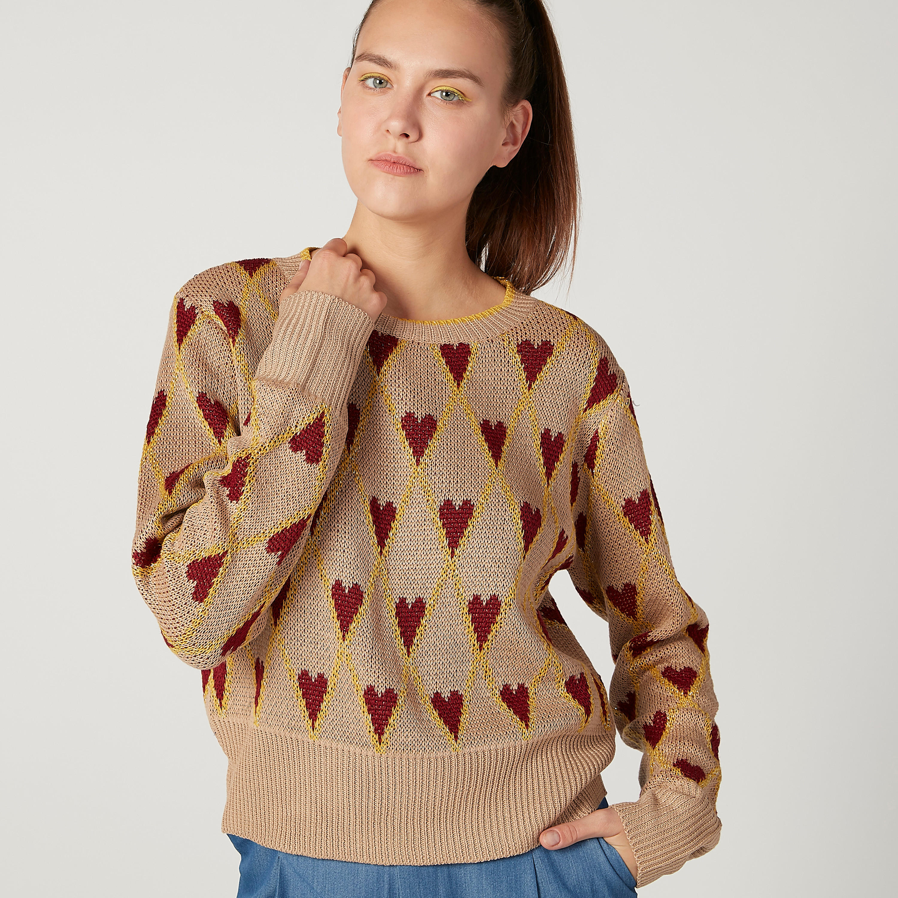 كنزة  بياقة مستديرة وأكمام طويلة وطبعات-women-clothing-cardigansandjumpers-jumpers-image-3