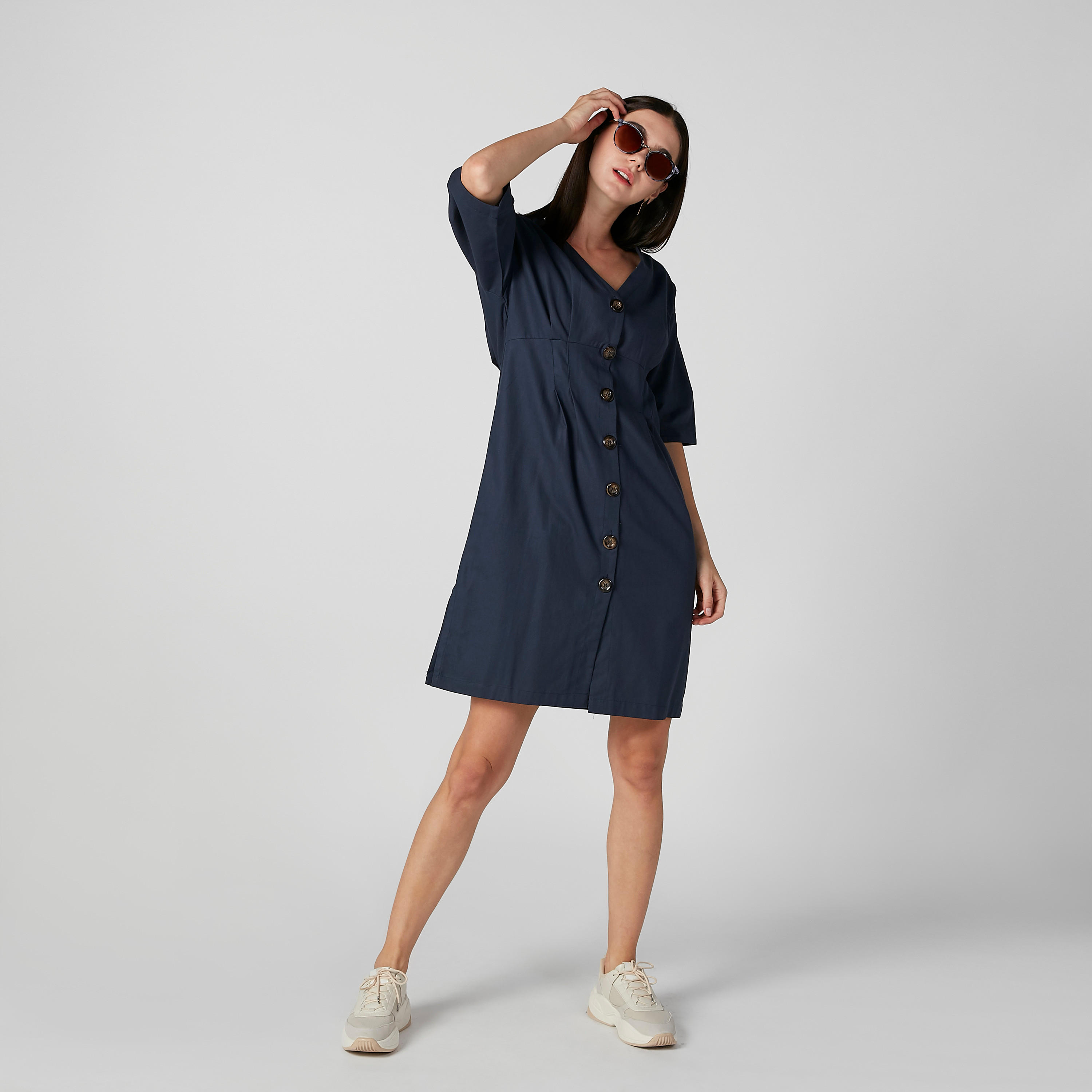 فستان قميص ميدي سادة بأكمام قصيرة-women-clothing-dresses-image-2