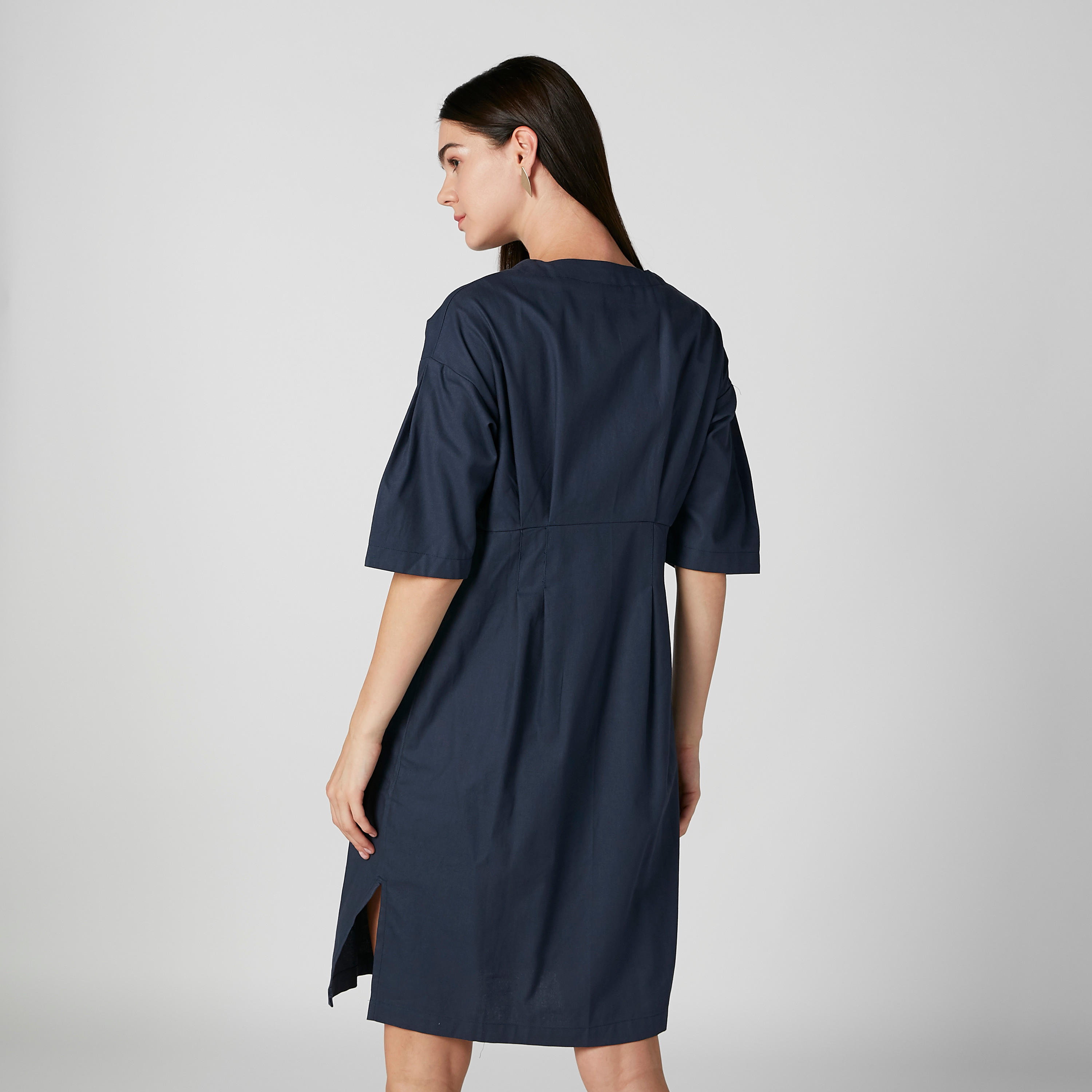 فستان قميص ميدي سادة بأكمام قصيرة-women-clothing-dresses-image-4