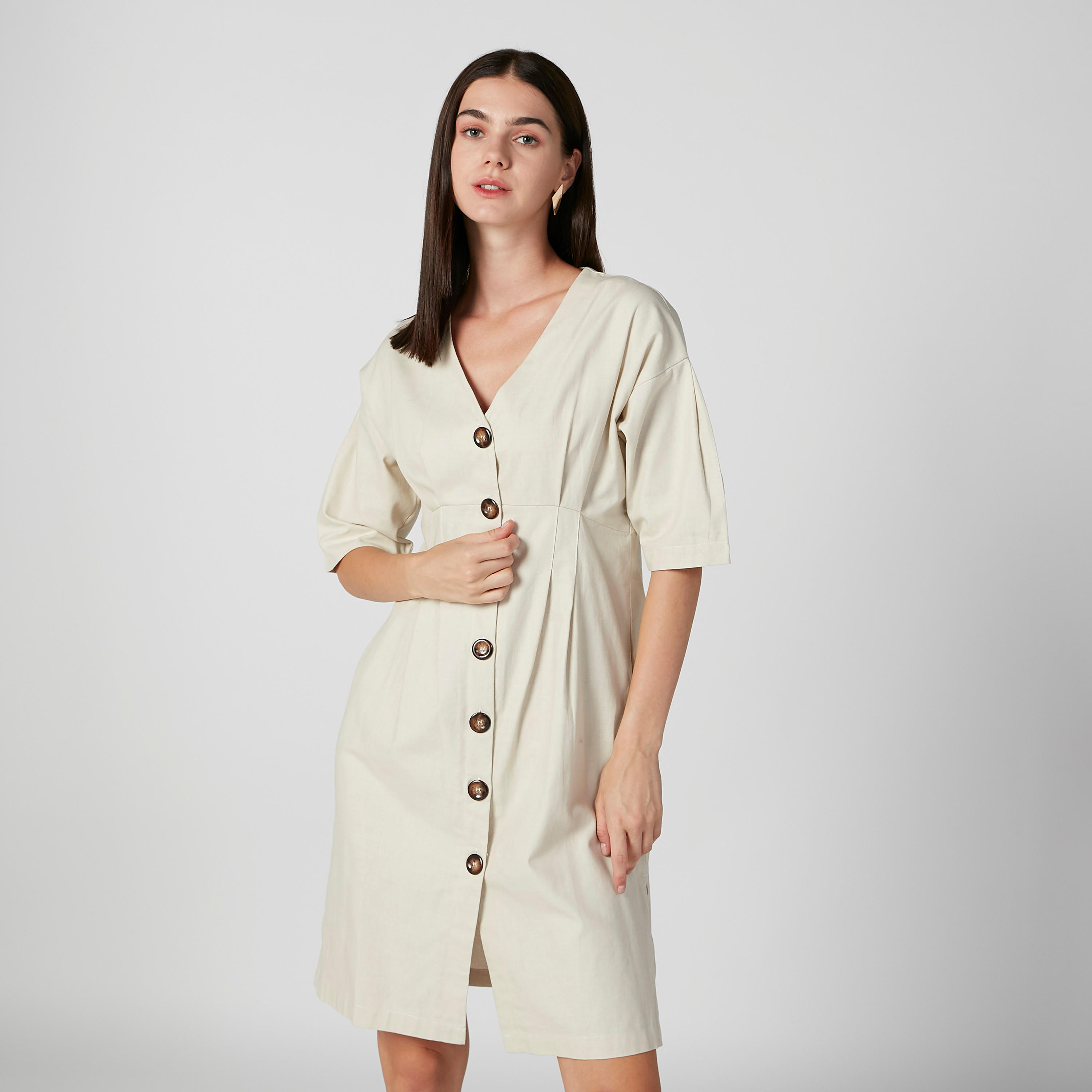 فستان قميص ميدي سادة بأكمام قصيرة-women-clothing-dresses-image-4