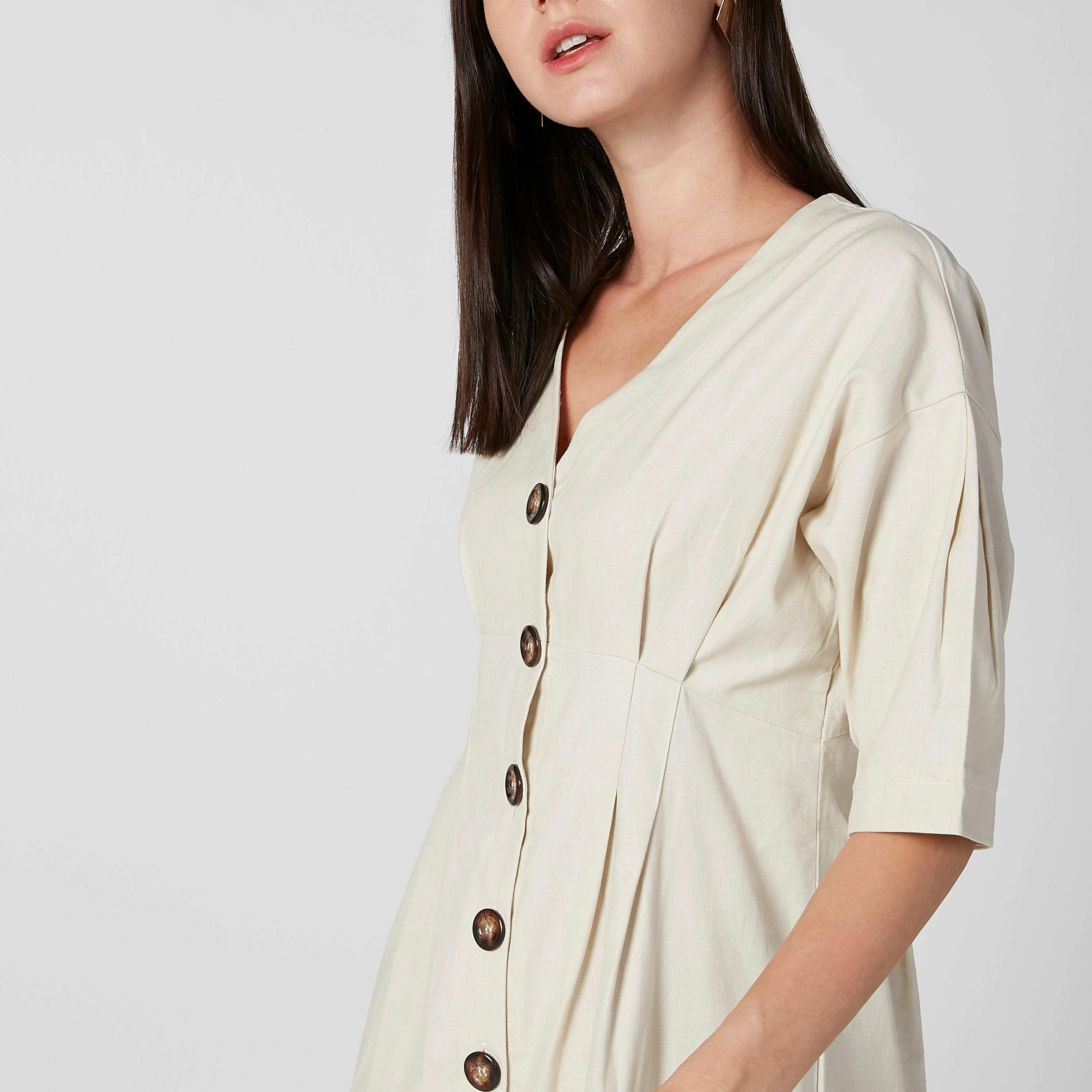 فستان قميص ميدي سادة بأكمام قصيرة-women-clothing-dresses-image-2
